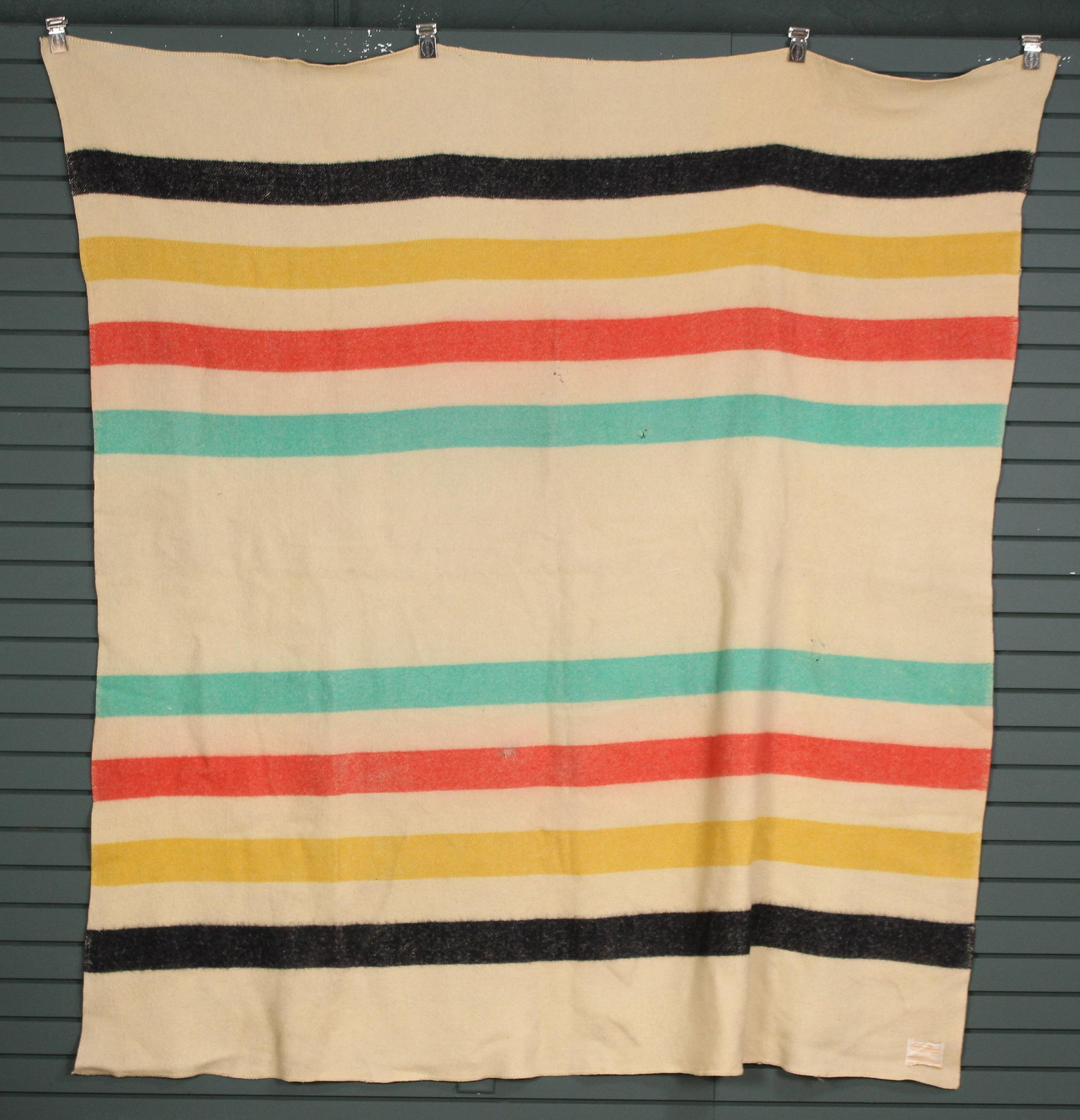 Hudson Bay Style Blanket: Hudson Bay Style Blanket having cream background, multicolor stripe design. All wool. Size: 80" H x 74" W.