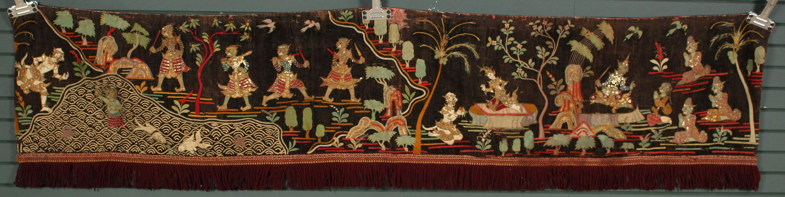 Thai Embroidered and Appliqued Textile Valance: Thai Embroidered and Appliqued Textile Valance. Size: 20.5" x 102"