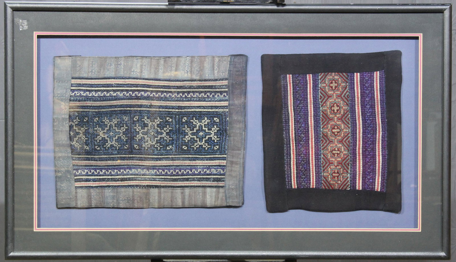 Framed Chinese Minority Miao Textile Squares: Framed Chinese Minority Miao Textile Squares. Size: Frame: 21.5" H x 37.5" W x 1.5" D; Sight Largest: 12.5" H x 16" W