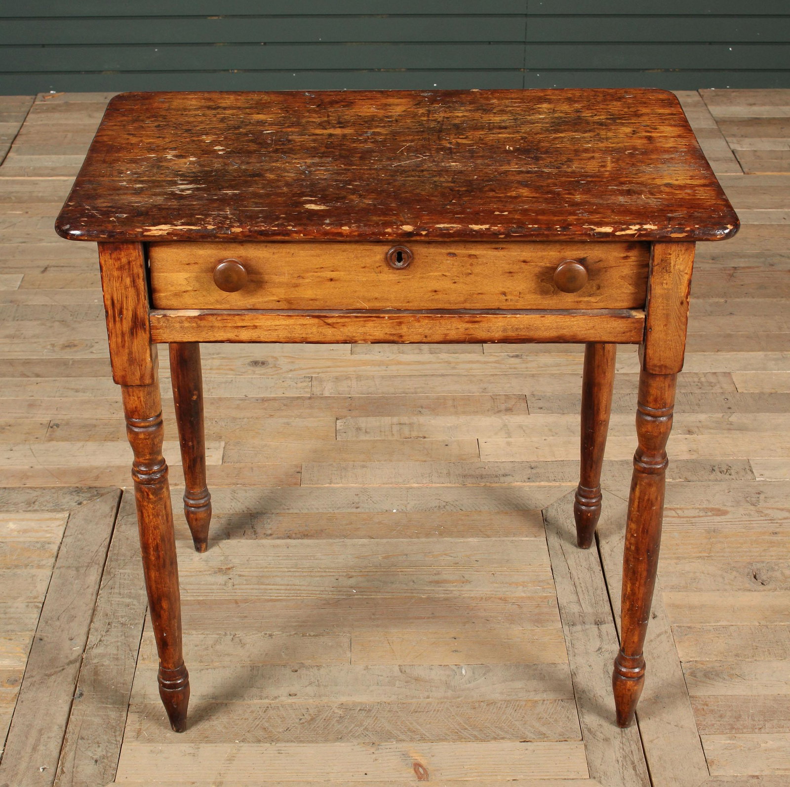 Antique 19th C. Country Side Table: Antique 19th C. Country Side Table, having a single drawer and turned legs. Size: 29" H x 30" W x 18.5" D.