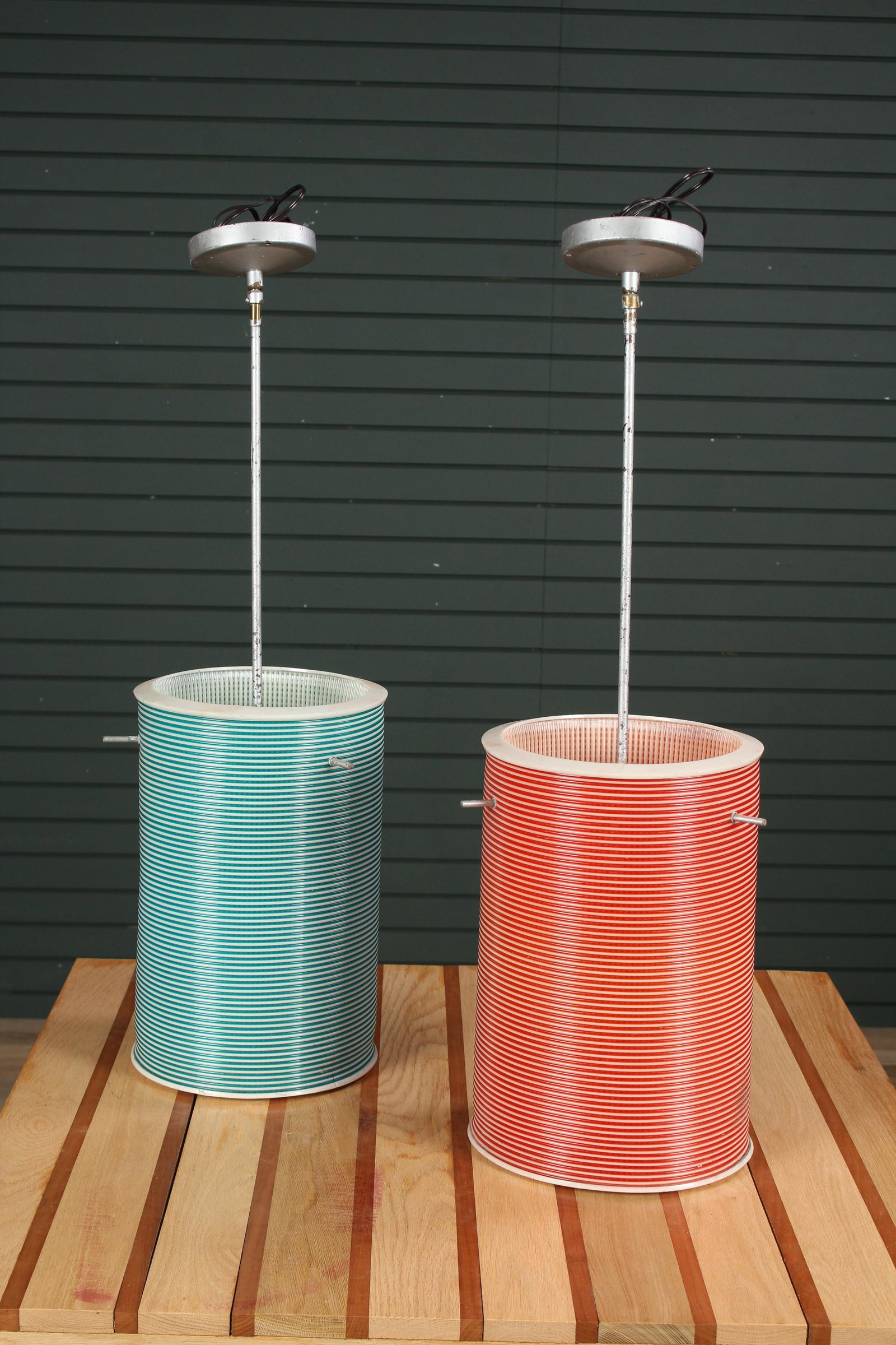 Similar Pair of Mid C. Modern Hanging Lights: Similar Pair of Mid C. Modern Hanging Lights, plastic cylinder form. Size: 33.5" H x 10" Diameter.