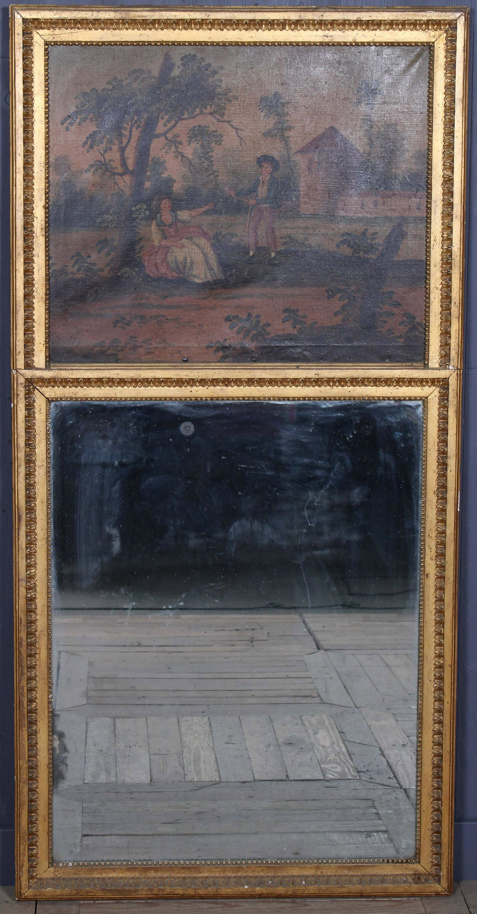 A 19th C French Giltwood Trumeau Mirror: A 19th century French giltwood Trumeau mirror having oil on canvas upper panel. 62" H x 30" W (NHJ11)