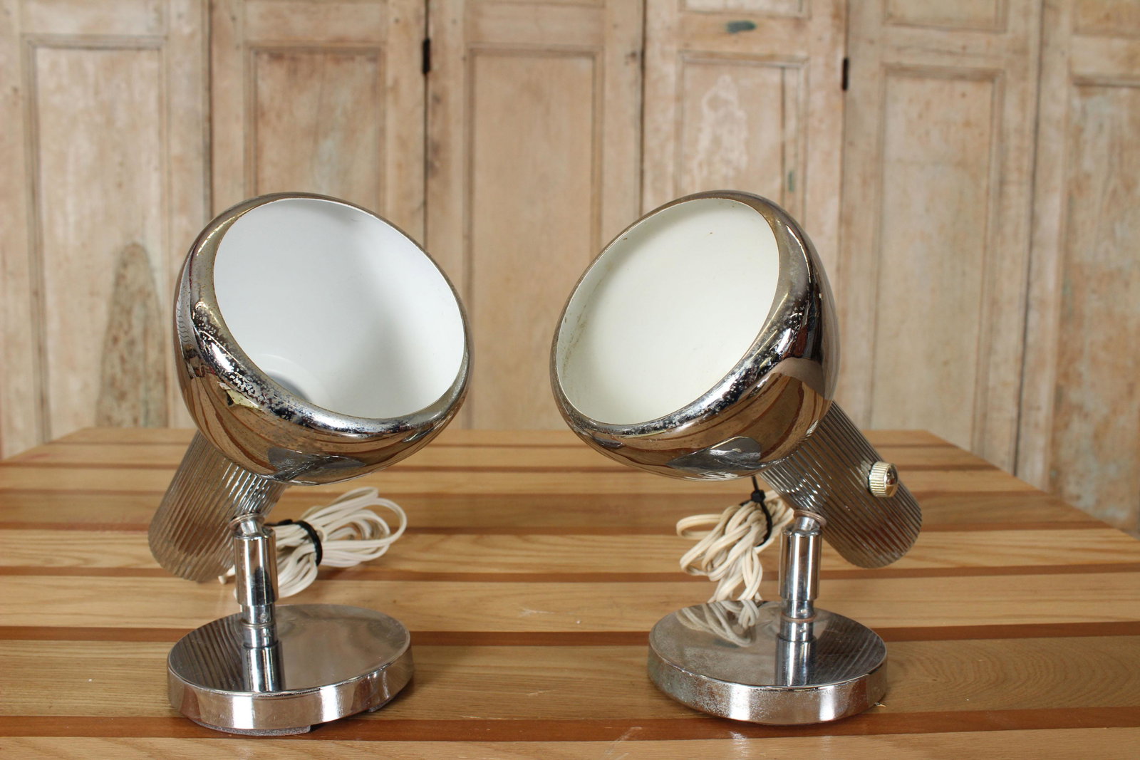 Pair of Koch & Lowy Chrome Desk Lamps: Pair of Koch & Lowy Chrome Desk Lamps, Modern adjustable table spot light. Size: 8.75" H x 9.25" W x 5" D