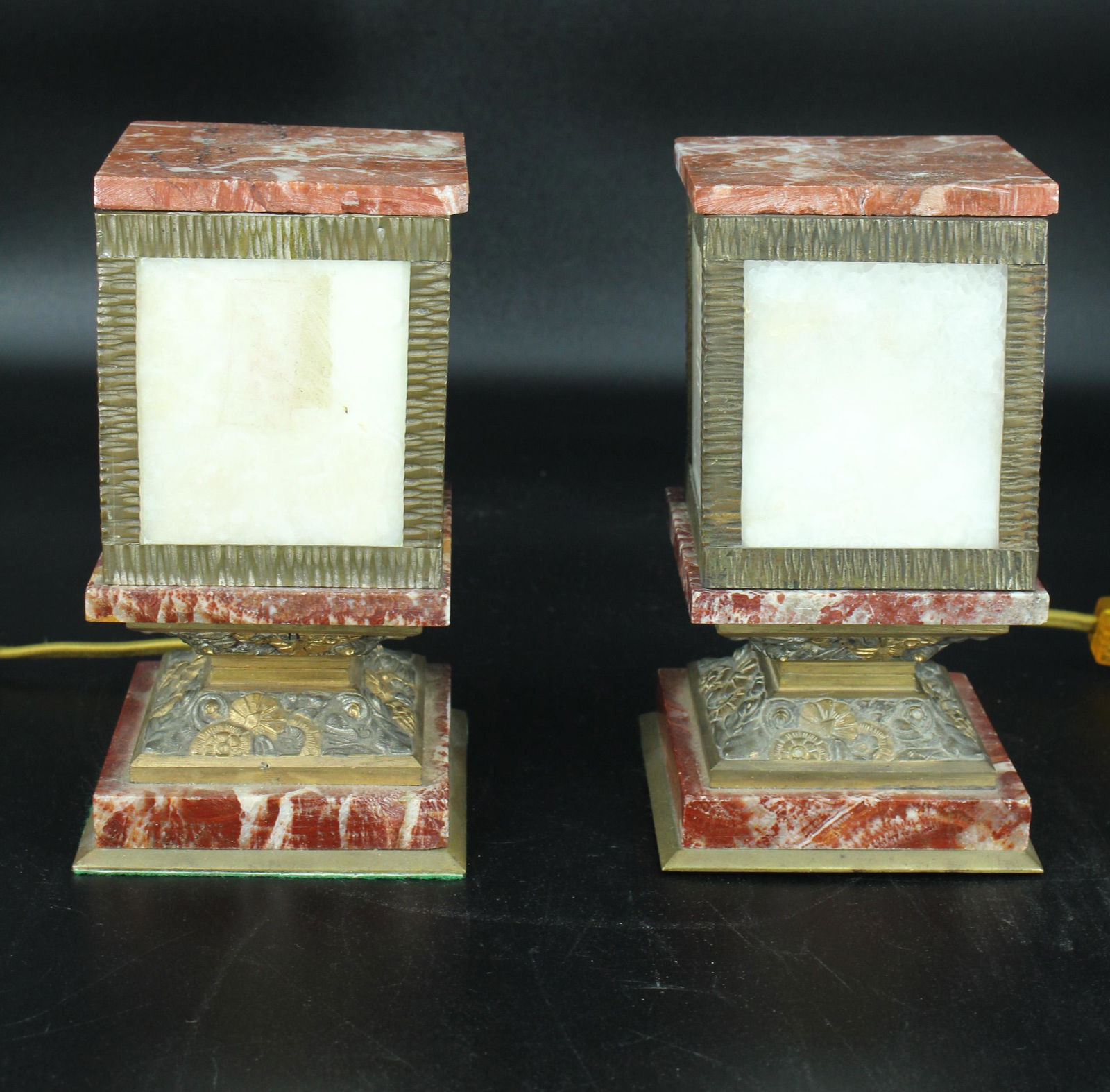 Pair Fer Forge and Marble Table Lamps: Pair Fer Forge and Marble Table Lamps having naturalistic decorated base, appear to be rewired. Size: 7.5" H x 4" W x 4" D.