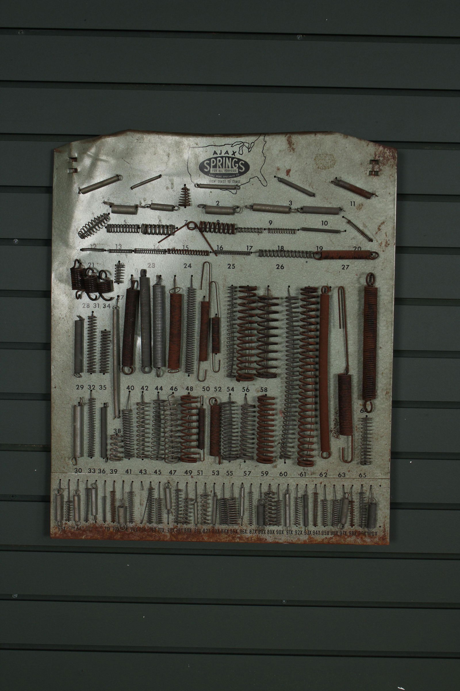 Vintage Ajax Springs Advertising Sample Board: Vintage Ajax Springs Advertising Sample Board, For All Purposes, Ajax Wire Specialty Co, From Coast to Coast, store display. Size: 23.5" x 19.5"