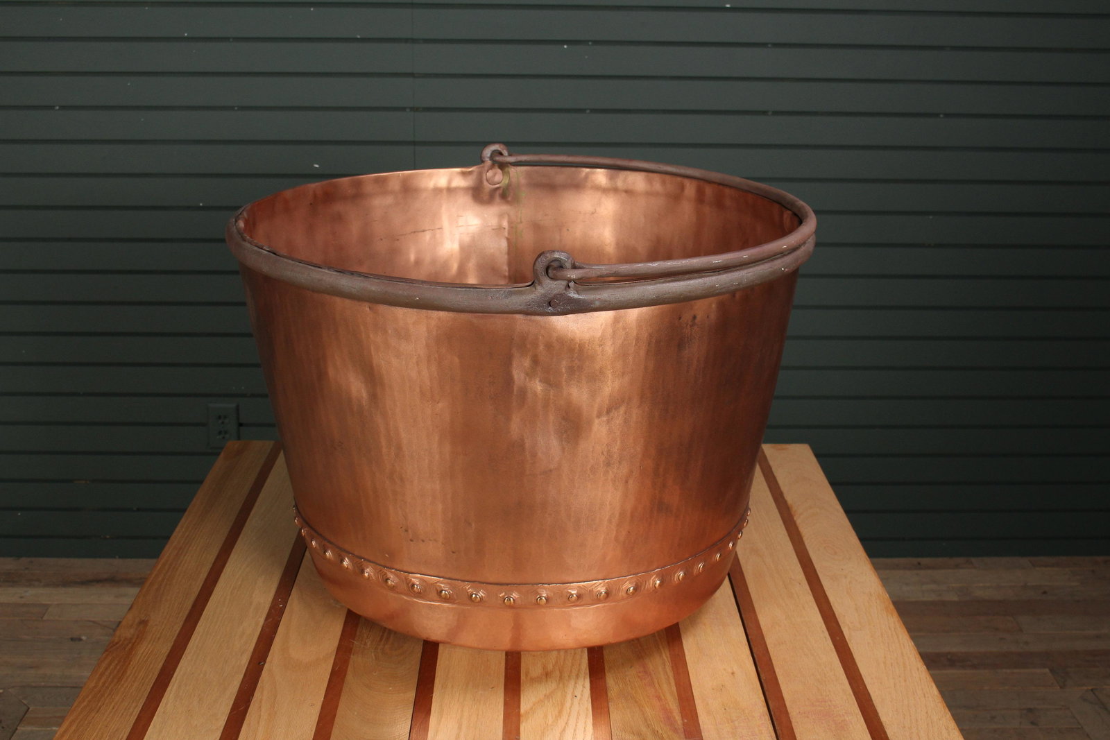 Antique 19th C. Large Scale Copper Kettle: Antique 19th C. Large Scale Copper Kettle having an iron rim and handle. Size: 18" H x 25" Diameter.