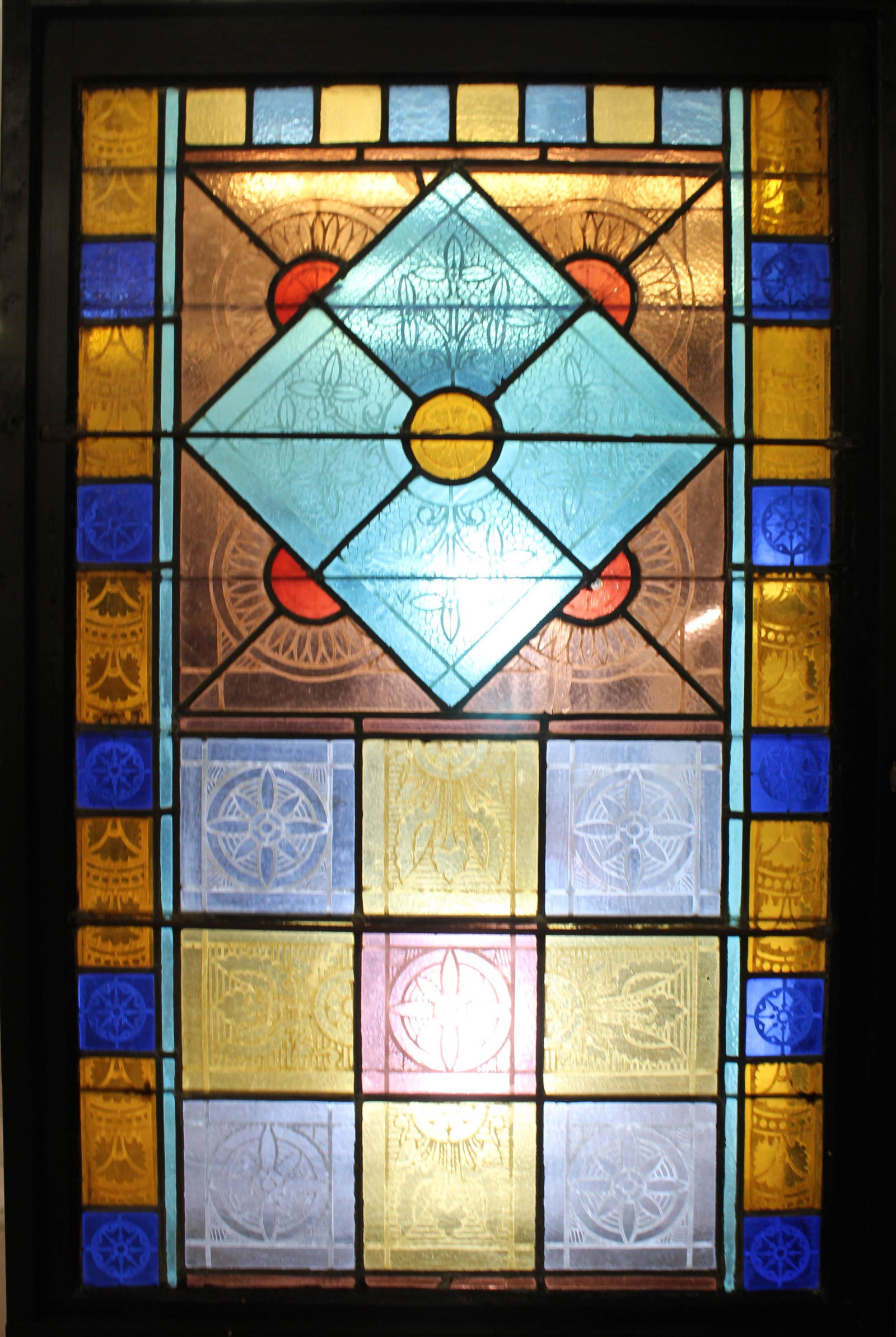 Queen Anne Style Stained Glass Panel: Queen Anne Style Stained Glass Panel. Size: 66.75" H x 42.5" W