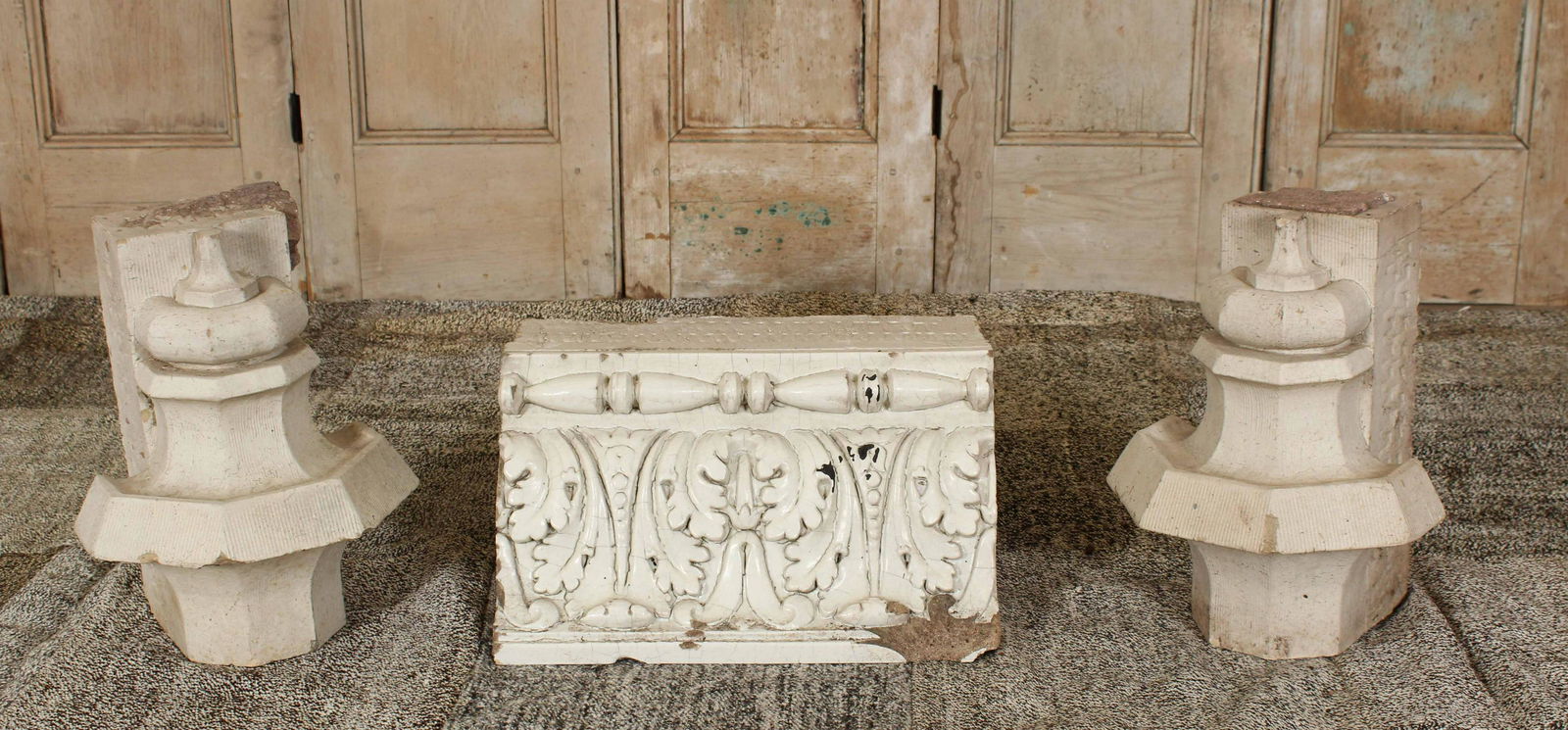 3 Pcs Glaze Terracotta Architectural Elements: 3 Pcs Glaze Terracotta Architectural Elements. 2 Corbels and 1 Bracket. Size: 10" H x 18.25" W x 11.5" D