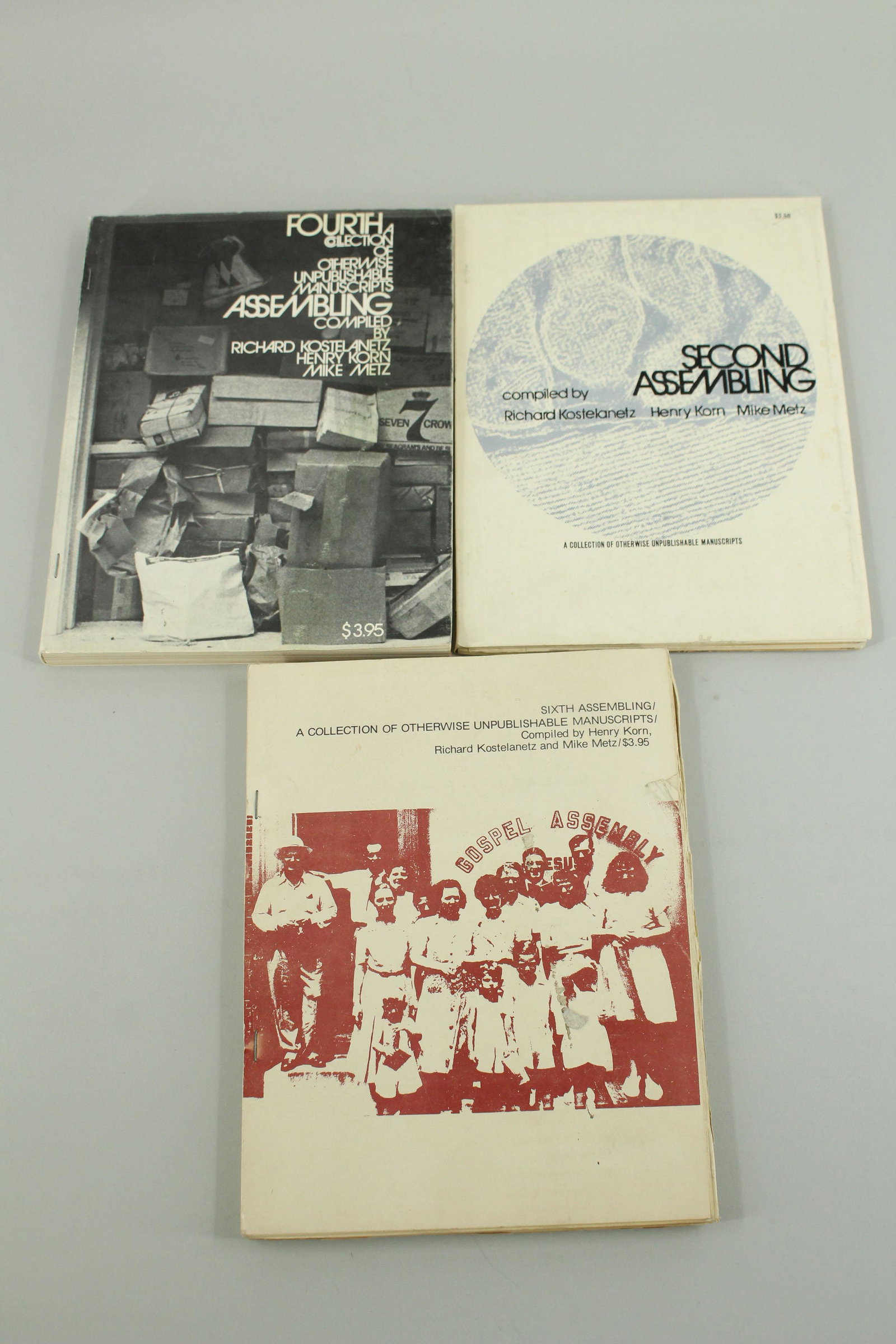 Second, Fourth and Sixth Assembling: Second, Fourth and Sixth Assembling compiled by Richard Kostelanetz, Henry Korn, Mike Metz. Some cover wear and soiling. Submitted art and poetry on the artists' own paper. Uncommon.