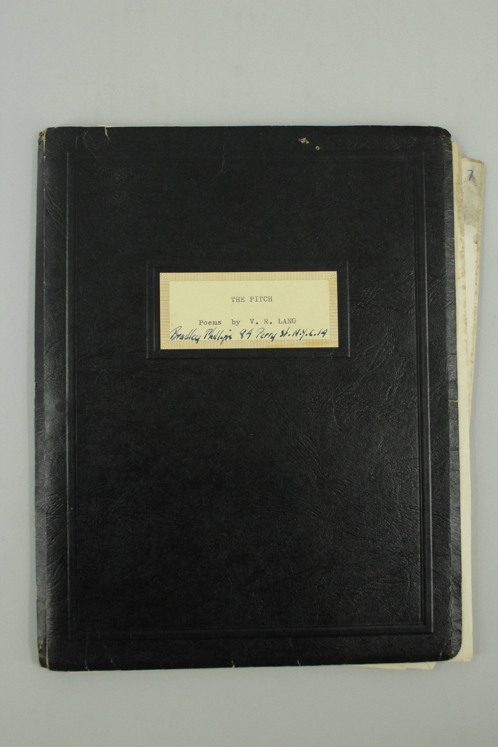 The Pitch by V.R. Lang Typed Manuscript: The Pitch by V.R. Lang typed manuscript. Typed manuscript by poet/playwright V.R. Lang for collection "The Pitch" which was published in 1962, after her passing in 1956.