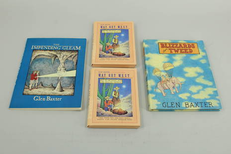 Four Glen Baxter Items: Four Glen Baxter items. Two Glen Baxter note card collections, Way Out West from Pomegranate, notes are all fine, boxes have a little wear; An uncorrected proof for "The Impending Gleam, signed in VG+