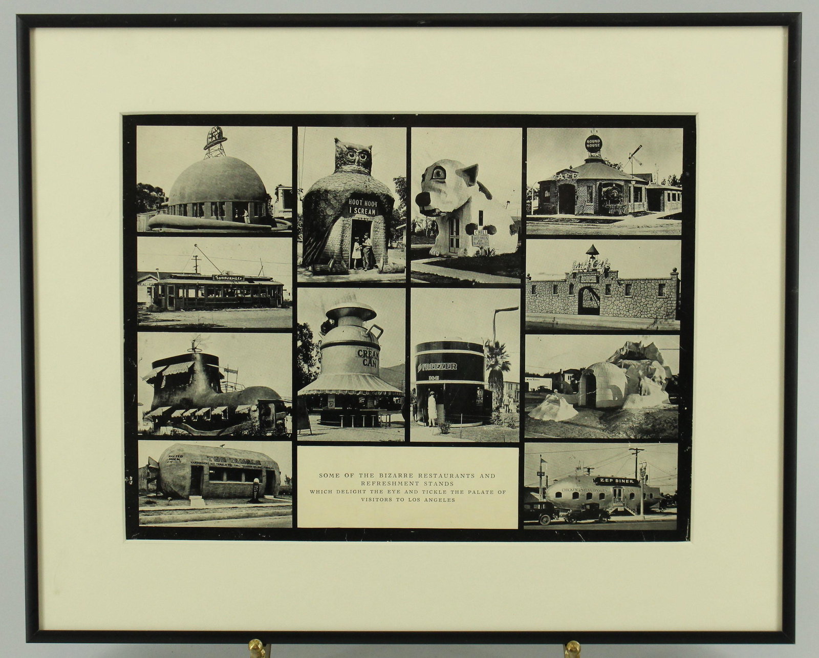 Some of the Bizarre Restaurants Advertising Poster: Some of the Bizarre Restaurants Advertising Poster or print, Some of the Bizarre Restaurants and Refreshment Stands, Which delight the eye and tickle the palate of visitors to Los Angeles. Size: 13" x