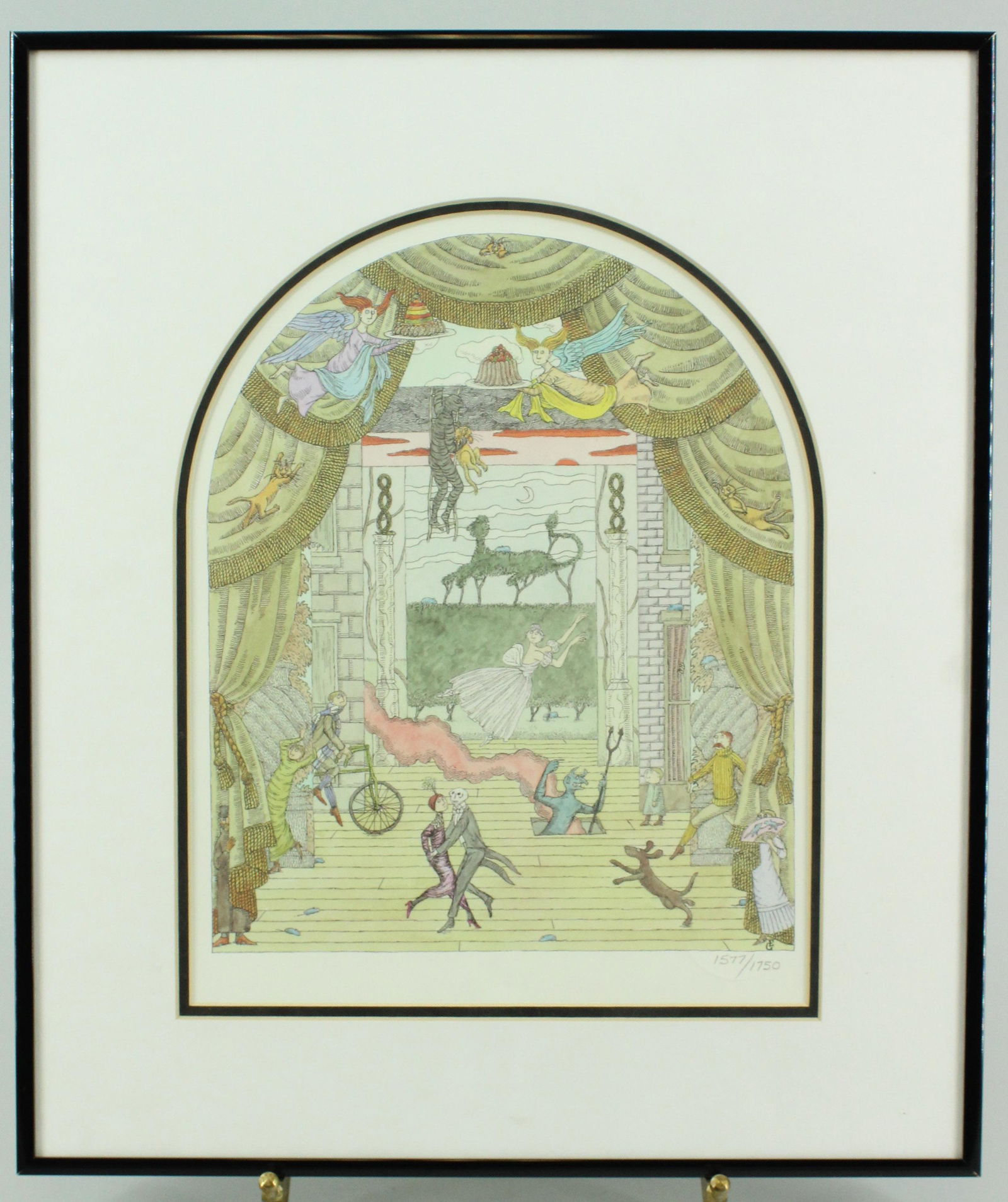 Gorey Limited Edition Signals Numbered Lithograph: Edward Gorey Limited Edition Signals Numbered Lithograph, from the Signals catalog, numbered 1577/1750 lower right with embossed seal. Size: 16.75" x 14.25" frame, 10.5" x 8.5" sight.