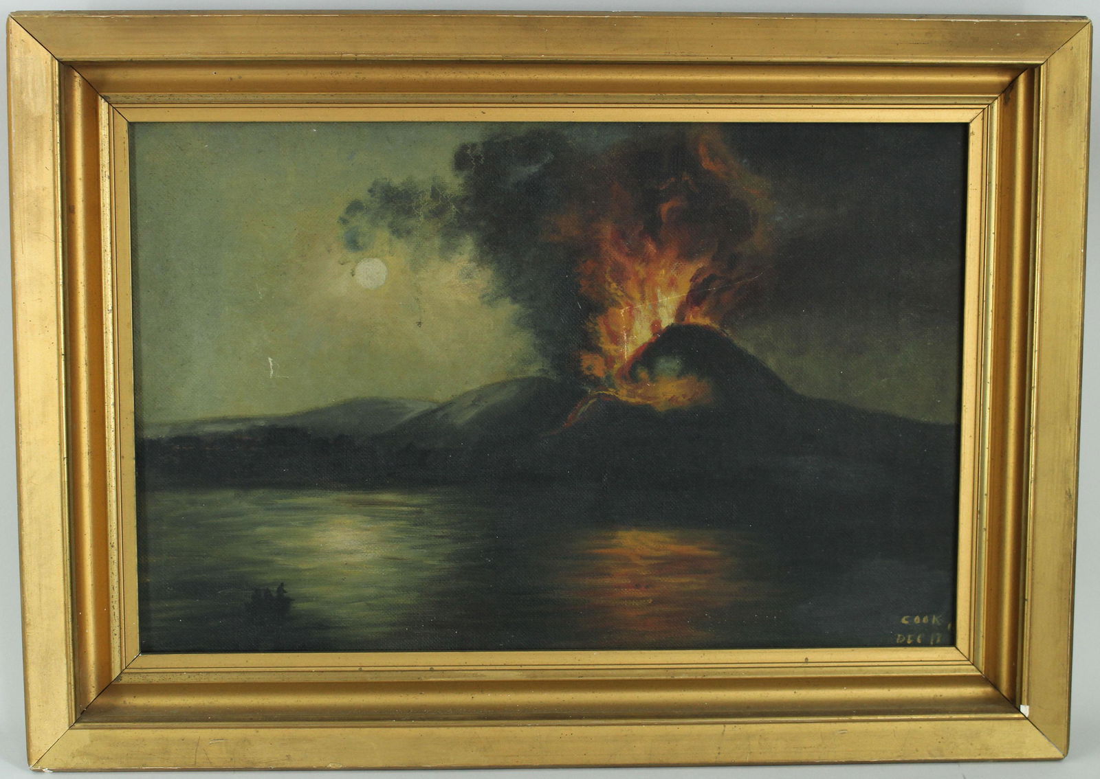 Early 20th C Volcano Eruption Nocturne Painting: Early 20th C Volcano Eruption Nocturne Painting. Signed Cook and dated. Size: 17.25" x 24.25" frame, 12.5" x 18.5" sight
