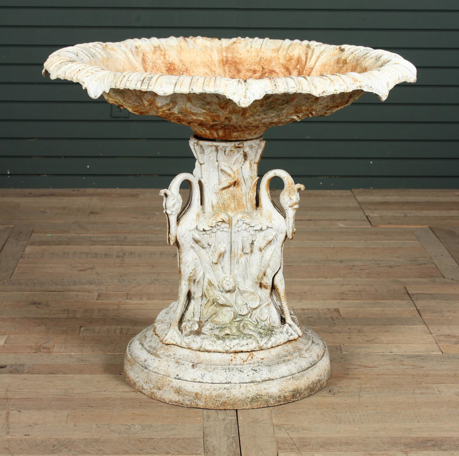 Fiske Style Egret 3 Piece Fountain: A good Fiske style cast iron fountain having an ornate bowl supported by egret base. Size: 31" H x 34" Diameter.