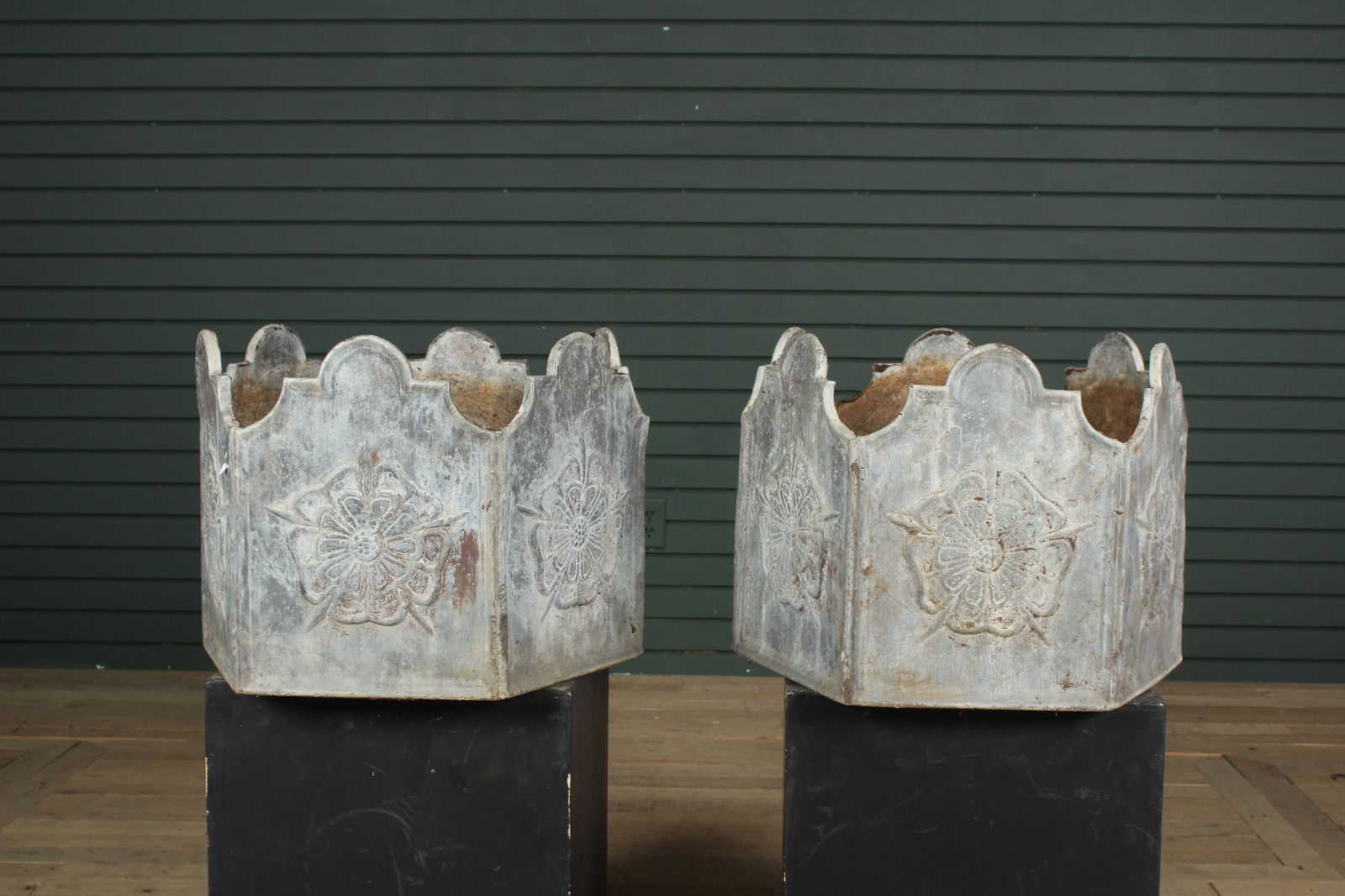Pair Antique Lead Crenulated Rim Planters (1 of 6)