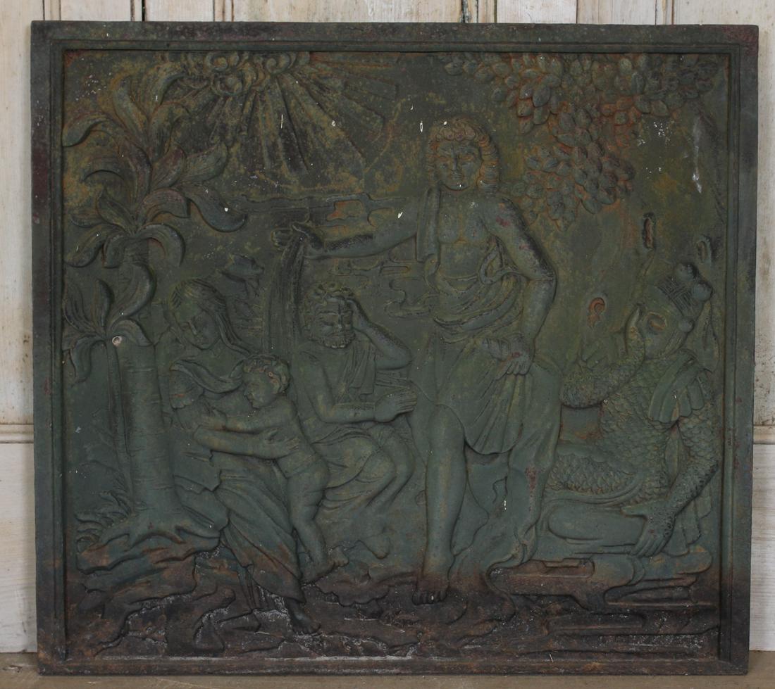 Rainmaker Vignette Iron Fireback Panel: Rainmaker Vignette Iron Fireback Panel. Size: 28" H x 31" W x 1" D