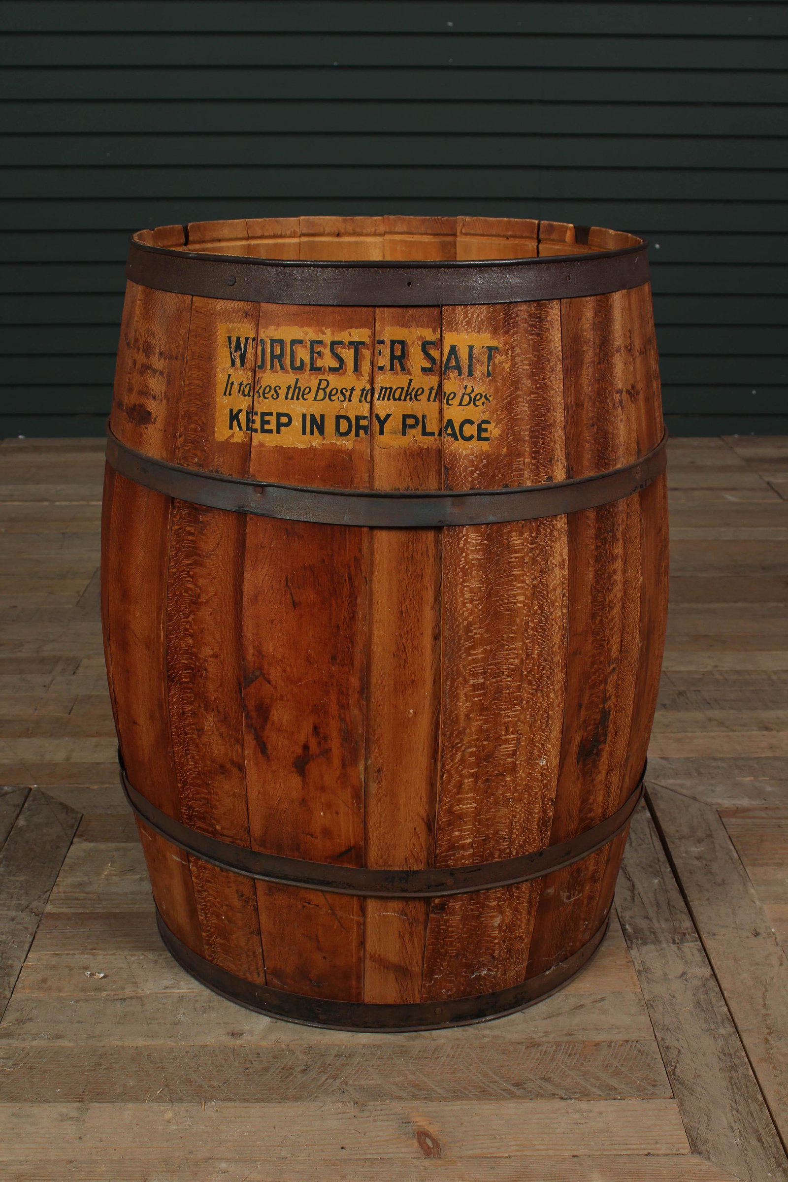 Worcester Salt Large Wooden Barrel: Worcester Salt Large Wooden Barrel, label "Worcester Salt, It takes the best to make the best, Keep in dry place". Size: 27.5" x 21"