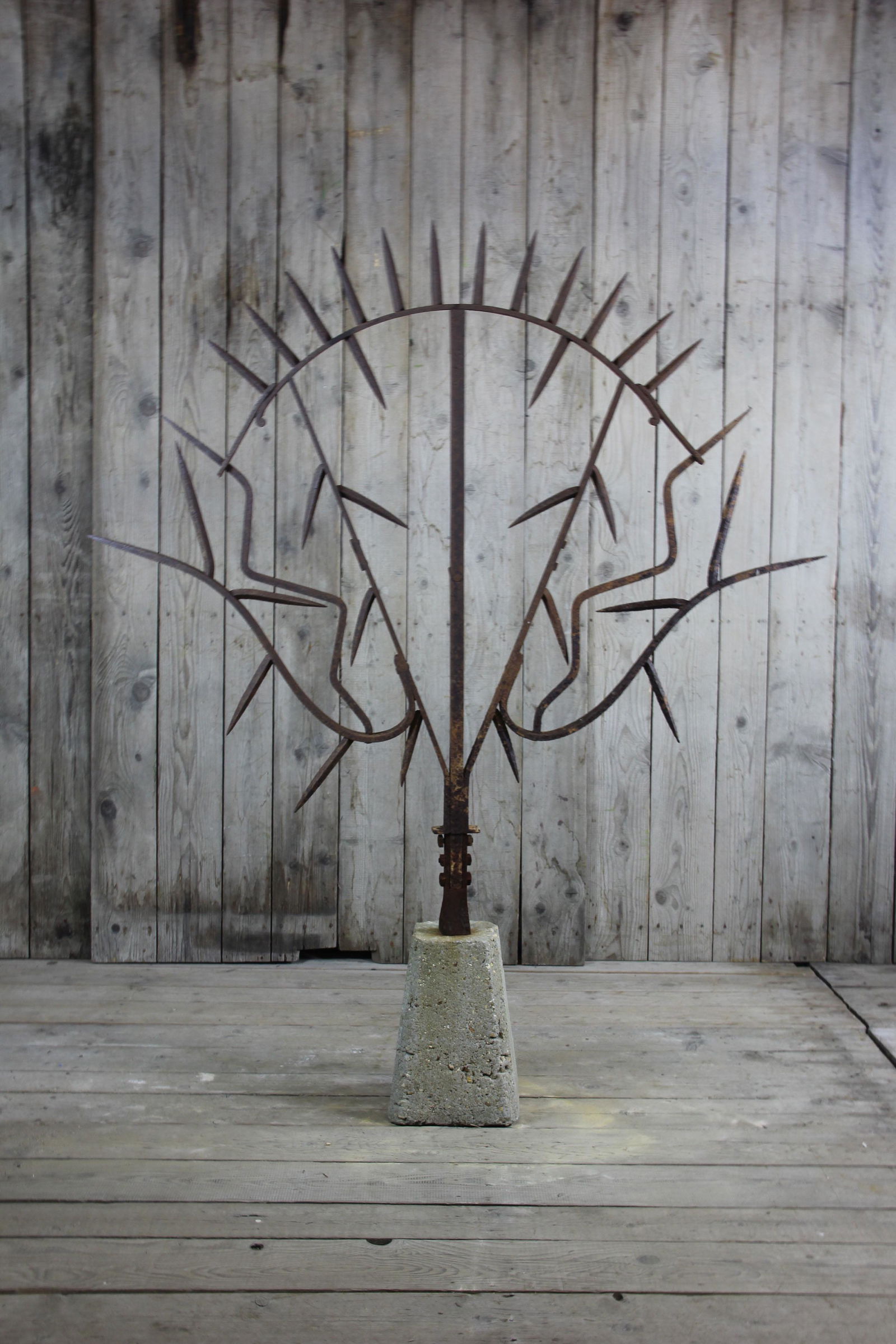 Brutalist Iron Garden Sculpture on Concrete Base (1 of 6)