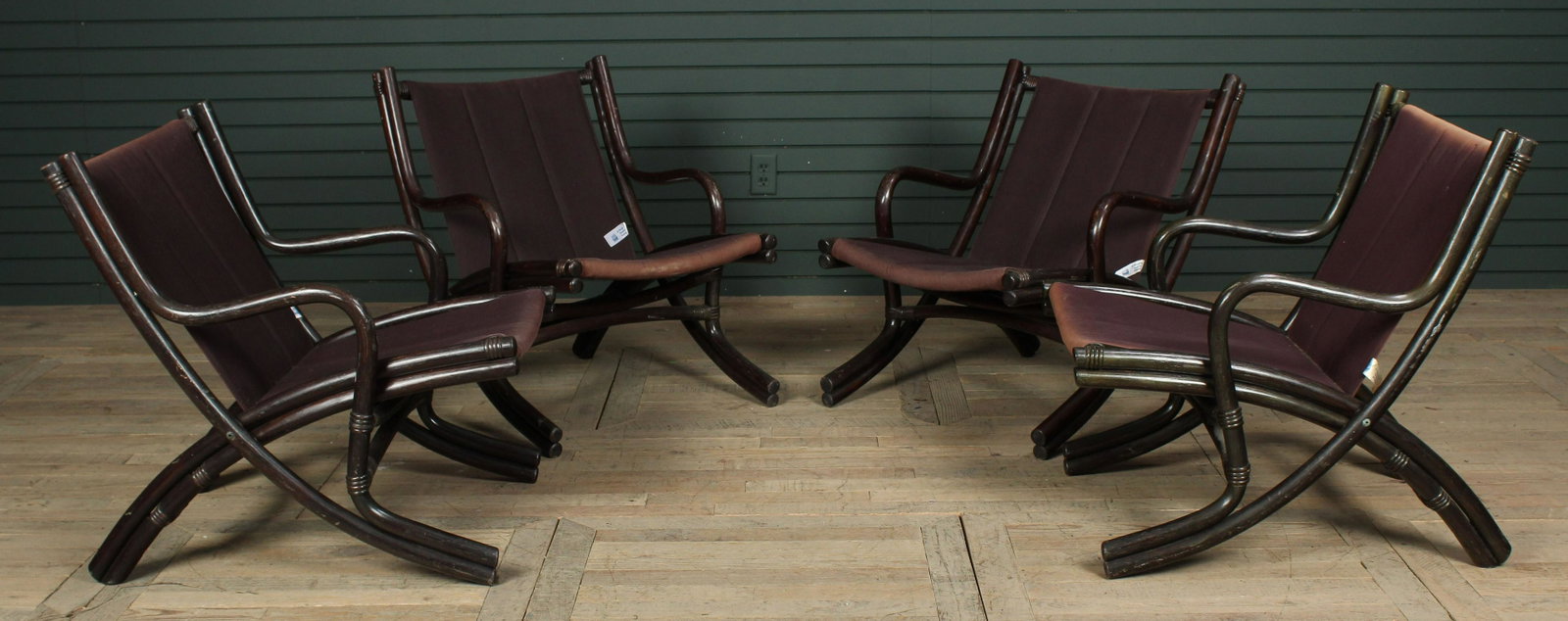 Set of 4 Labeled Bent Wood Arm Chairs: Set of 4 Labeled Bent Wood Armchairs, Scansia Product. Size: 31.5" H x 25" W x 30.5" D.