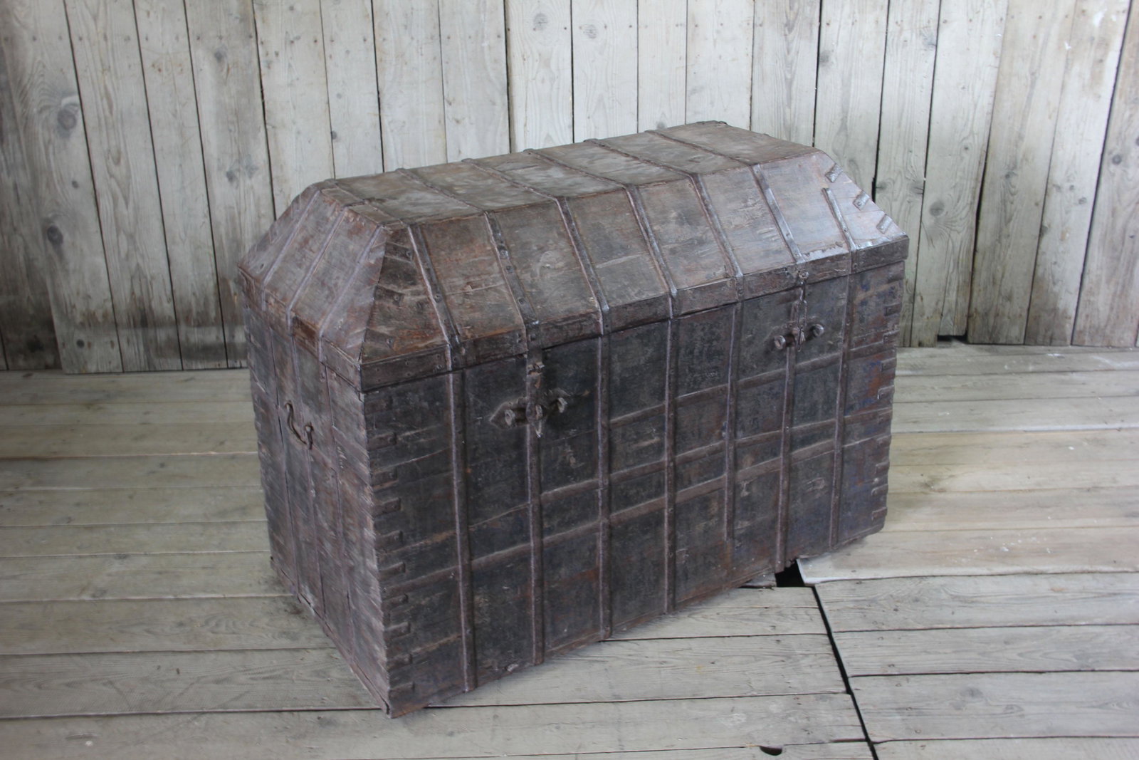 Anglo Indian Strap Iron Strong Box Trunk: Anglo Indian Strap Iron Strong Box Trunk. Size: 38" H x 26" W x 50" D ***Please Note: Item to be shipped out of High Point, North Carolina.