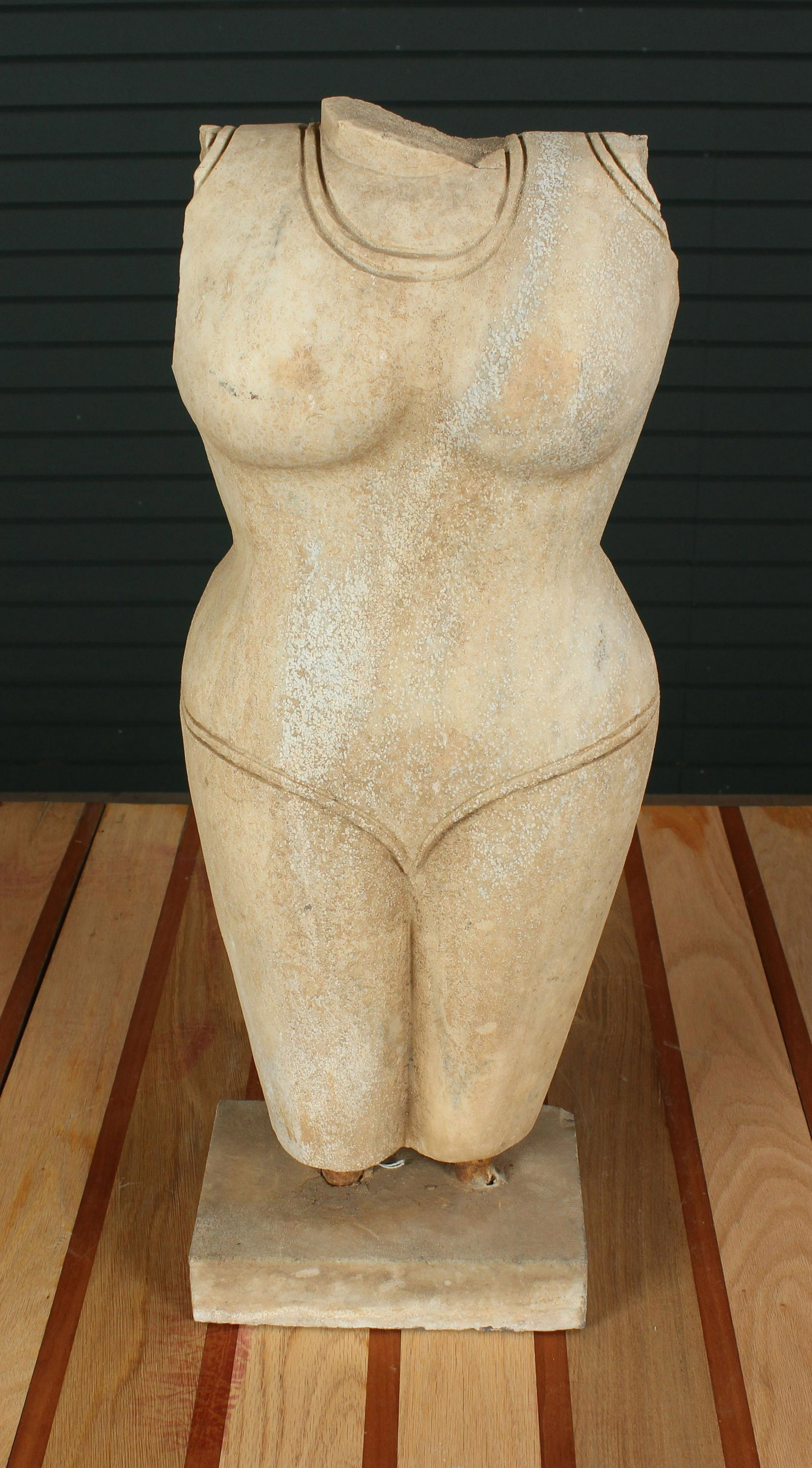 Carved Marble Khmer Uma Style Torso: Carved Marble Khmer Uma Style Torso with stylized sarong wrap, now mounted on plinth base. Size: 26" H x 9" W x 6" D.