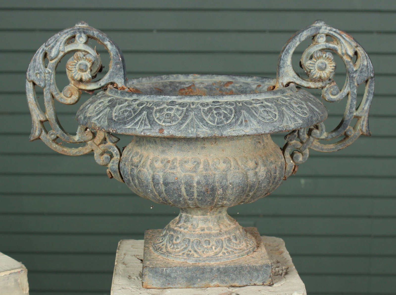 Twin Handled Cast Iron Garden Urn: Twin Handled Cast Iron Garden Urn. Size: 12" to top of handles, 17" across, 12" Dia. rimPedestal not included. Used for photographing item only.