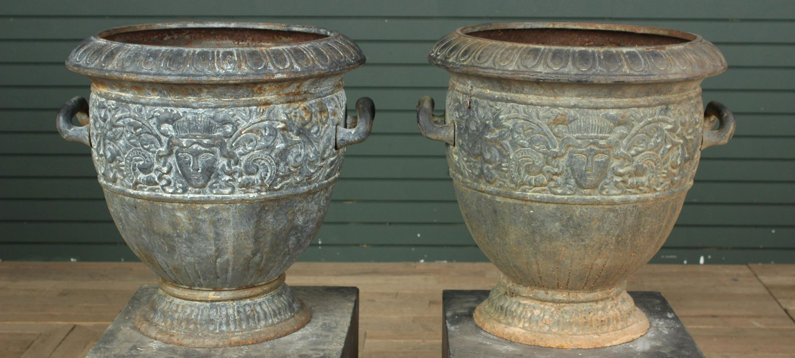 Pair Art Nouveau Style Cast Iron Garden Urns (1 of 7)