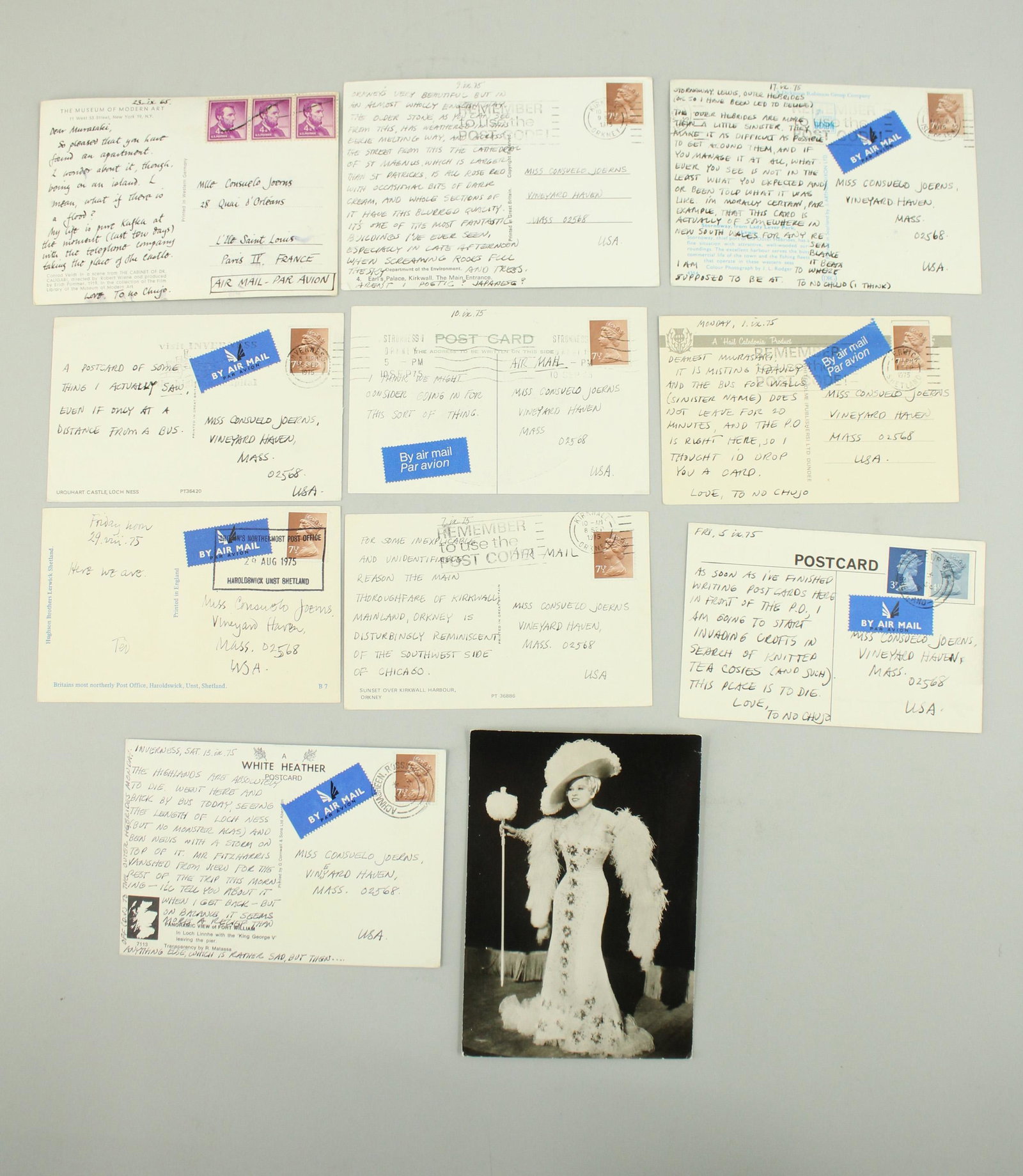 Postcards from Edward Gorey to Consuelo Joerns: Postcards from Edward Gorey to Consuelo Joerns, includes one dated 23 Sept 1965, writing to Consuelo in Paris where she has found an apartment, and her response to this postcard is in the following lo