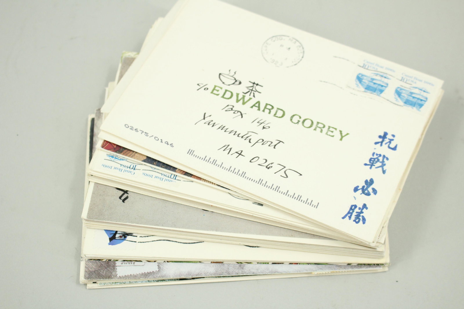 Postcards from Consuelo Joerns to Edward Gorey: Postcards from Consuelo Joerns to Edward Gorey, large grouping. Mostly from 1998 and 1999, few from the 1990's and 1980's. Provenance; the estate of Consuelo Joerns.