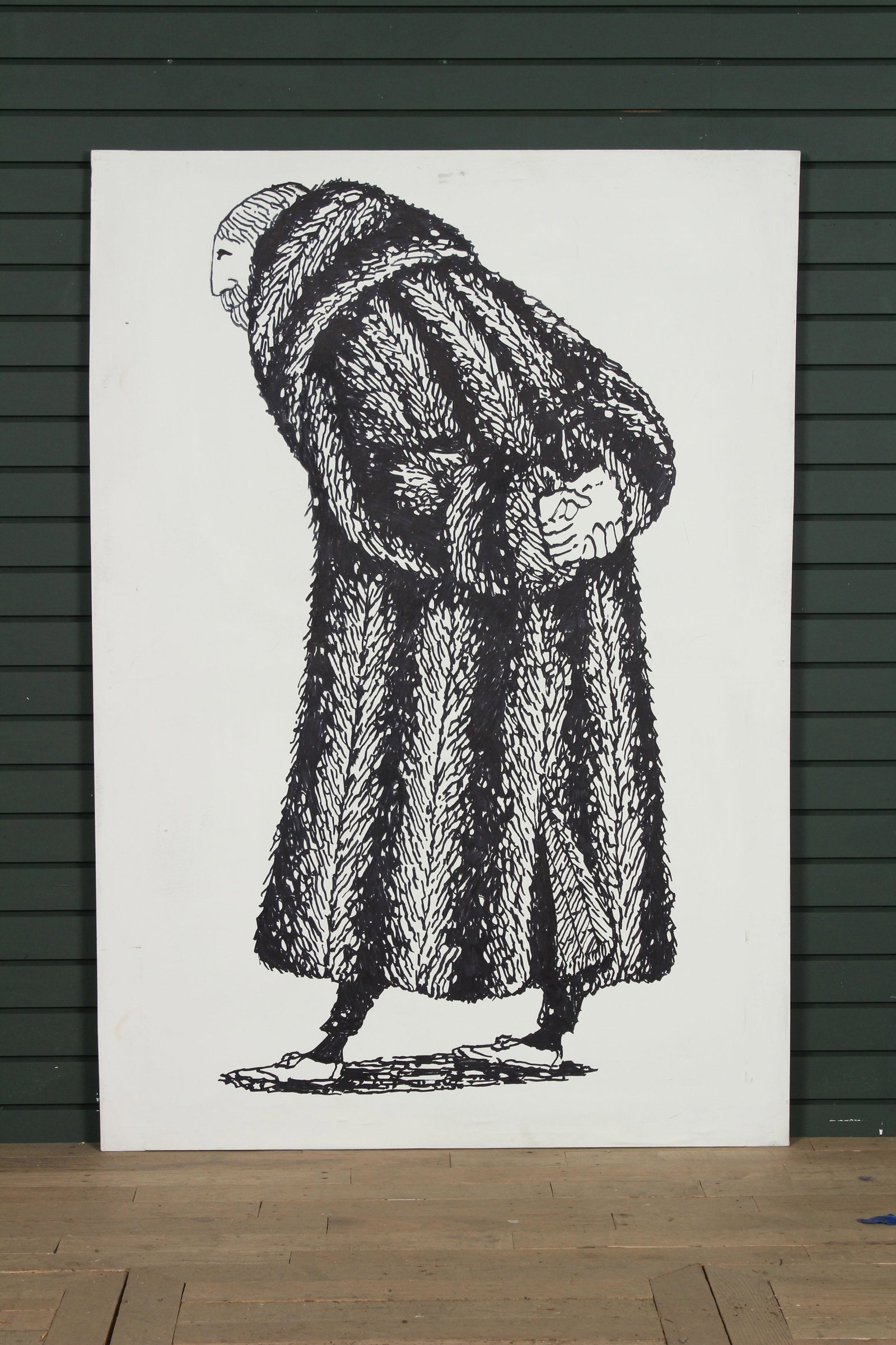 Edward Gorey in Fur- Cameo Stage Prop: Edward Gorey in Fur- Cameo Stage Prop. Stage production prop. Likely from the 2000 production of The Gorey Details: A Musicale. Ink wash on canvas. Size: 60" H x 42" W Provenance: Andreas Brown to Pri