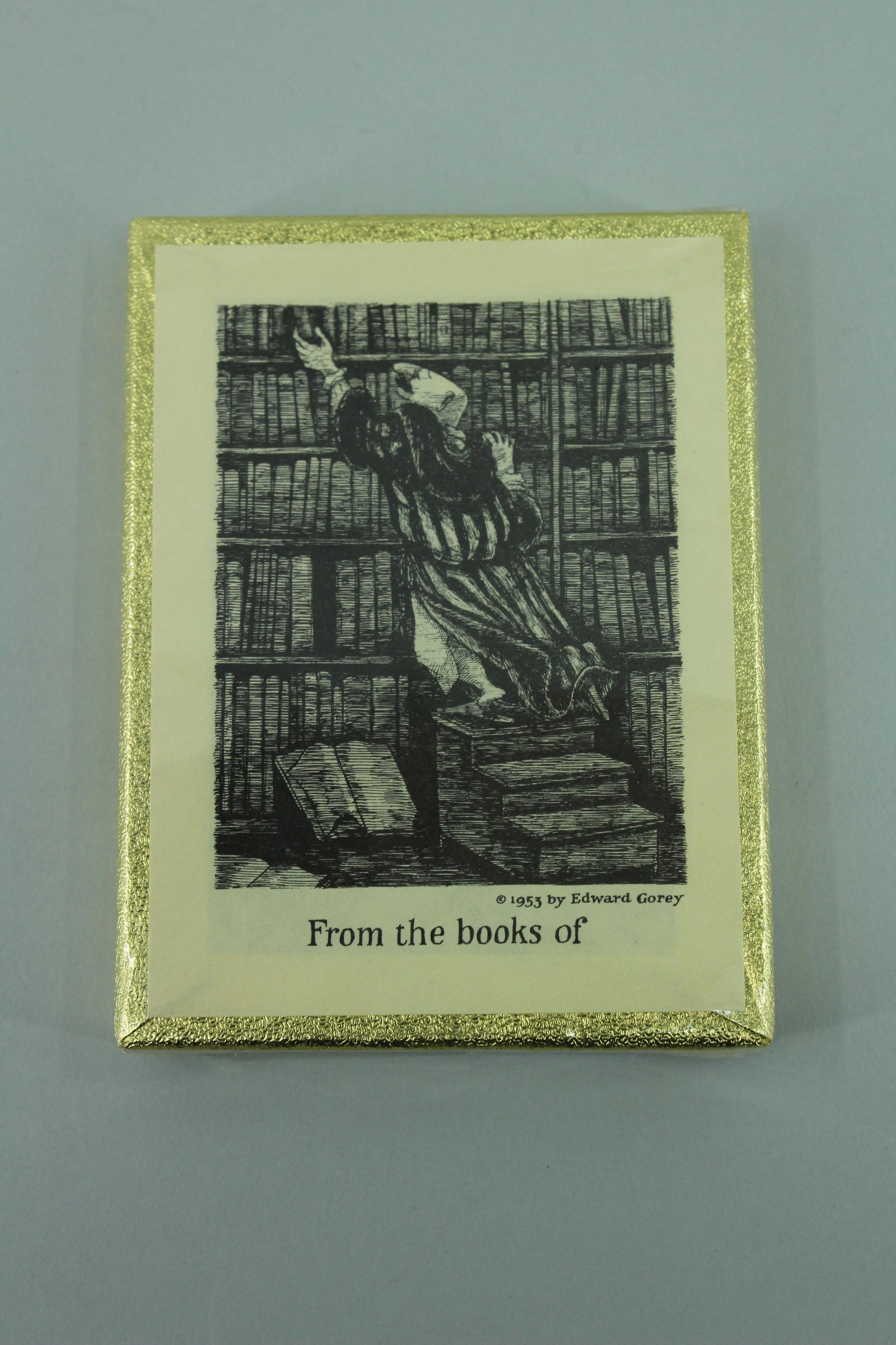 Sealed Box of Edward Gorey Bookplates by Antioch: Sealed Box of Edward Gorey Bookplates by Antioch Bookplate Company, unopened box contains 50 bookplates. Size: 4"H x 3"W