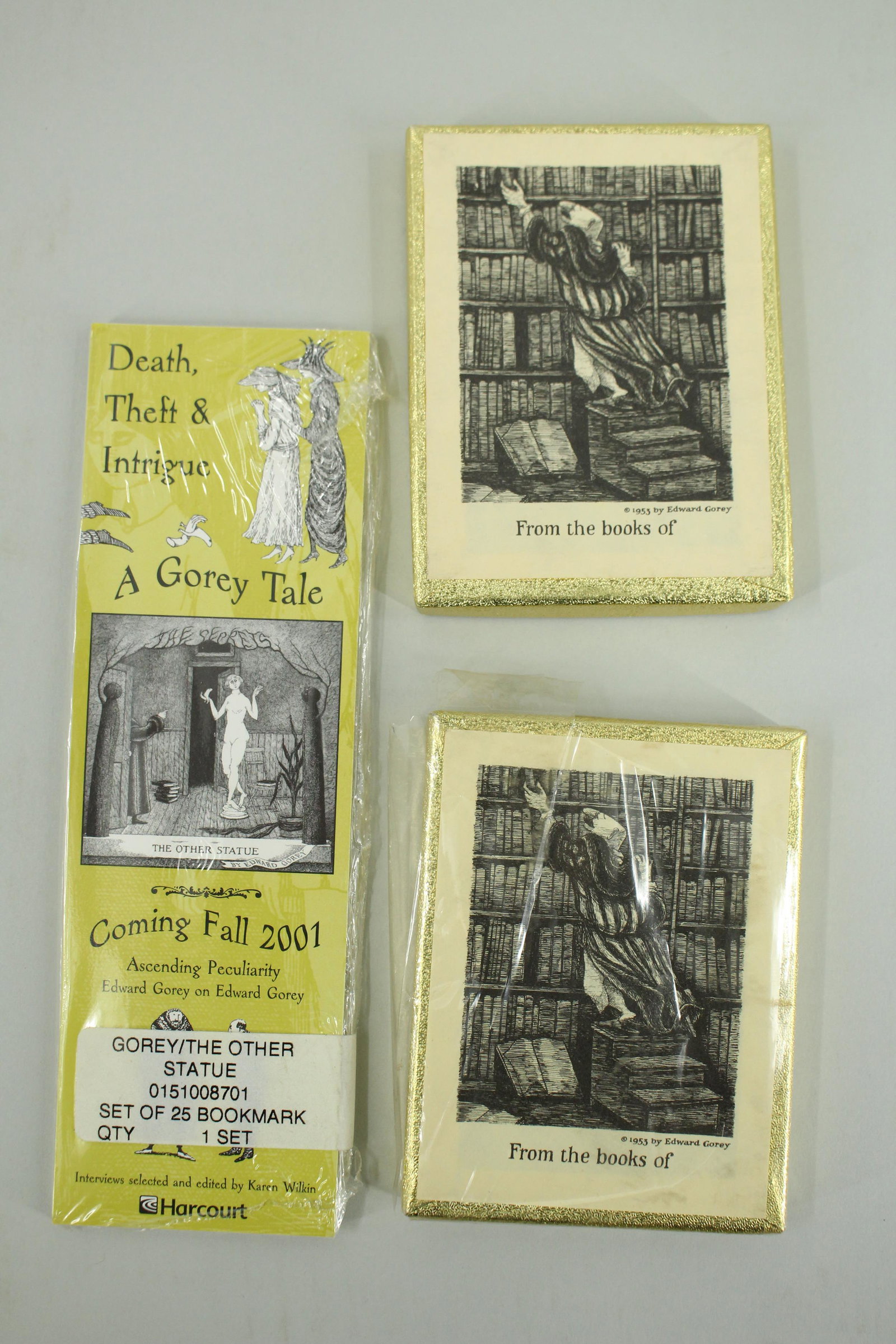 Two Boxes of Edward Gorey Bookplates: Two boxes of Edward Gorey bookplates, Antioch Bookplate Company, one box unopened, both complete. Also includes a pack of bookmarks produced to promote "A Gorey Tale" published by Harcourt in Fall 200