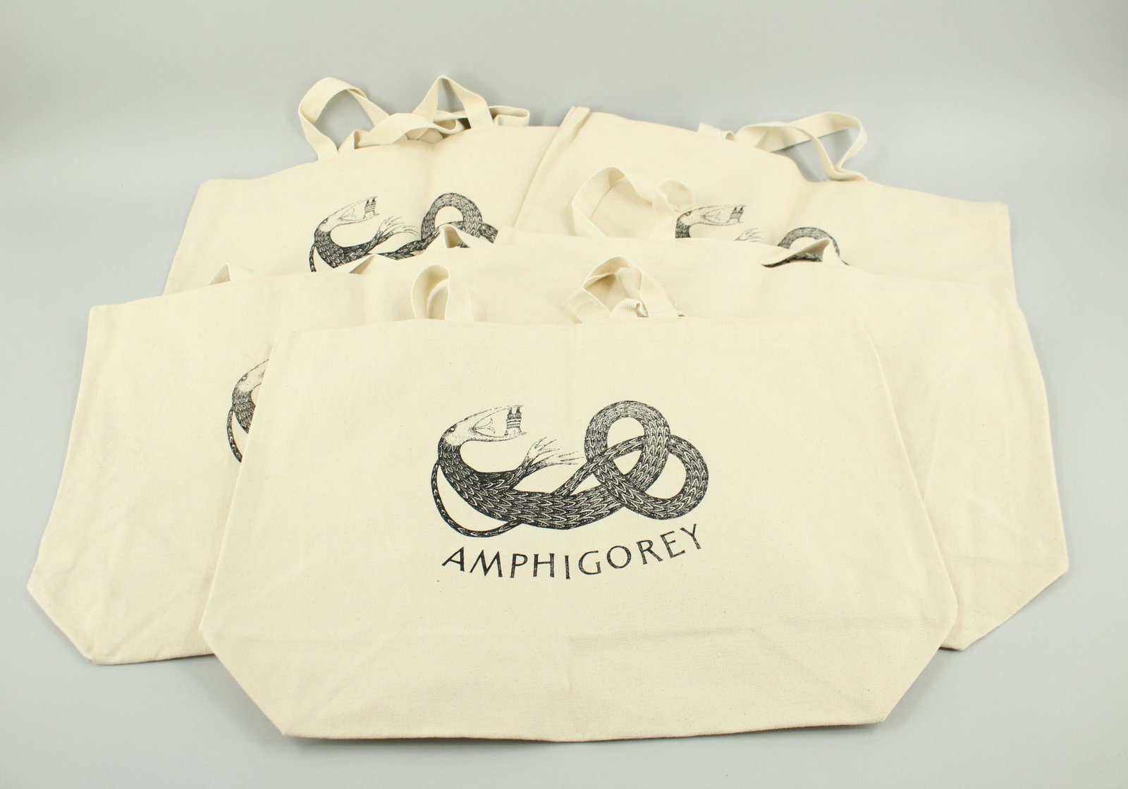5 Amphigorey Canvas Bags: 5 Amphigorey Canvas Bags. Size: 14.5"H x 20.25"W (Handles not measured)