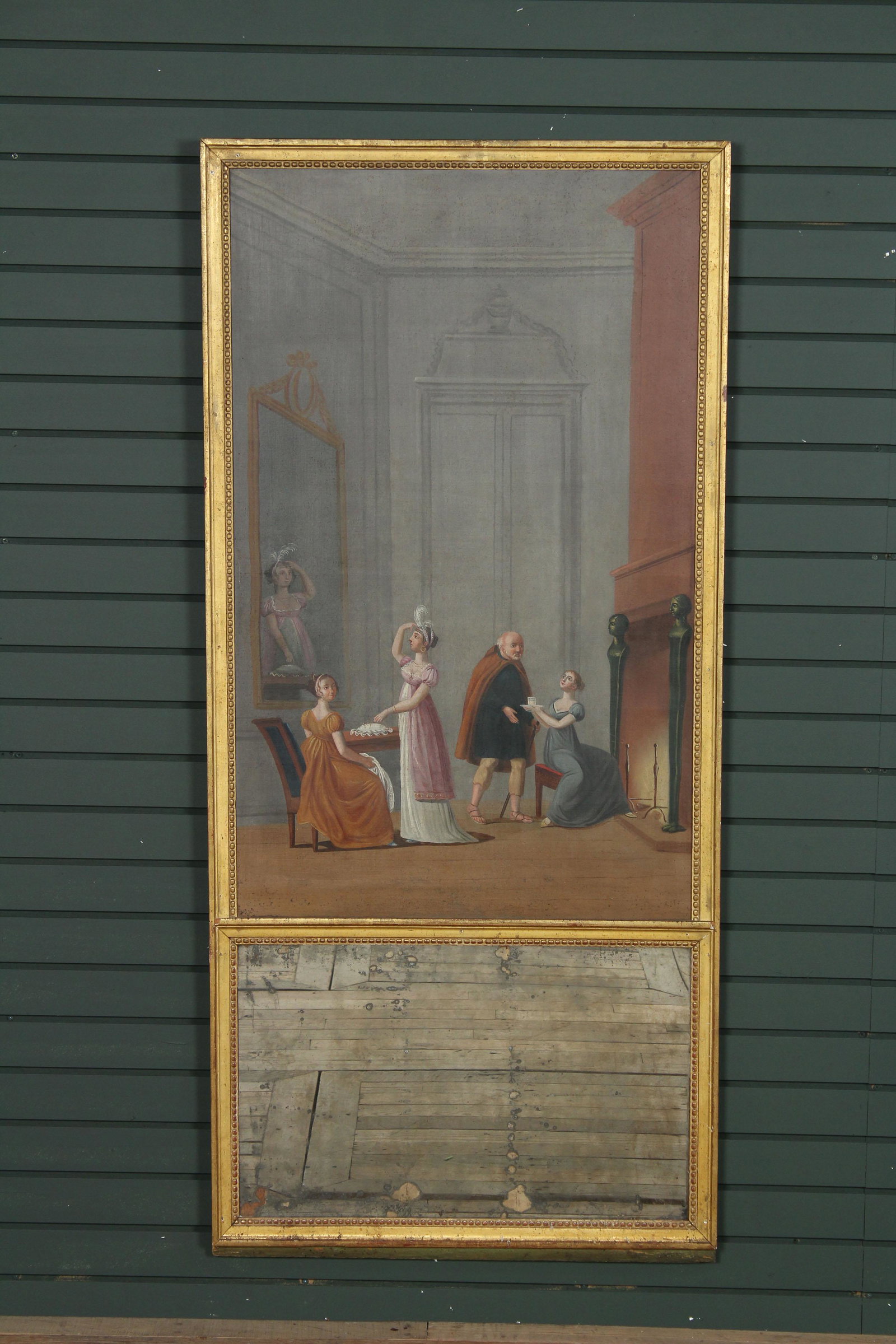 Antique Genre Painting Trumeau Mirror: Antique Genre Painting Trumeau Mirror. Size: 61.75" x 28.5" frame, 15.75" x 25.25" mirror, 41.25" x 25.25" scene.
