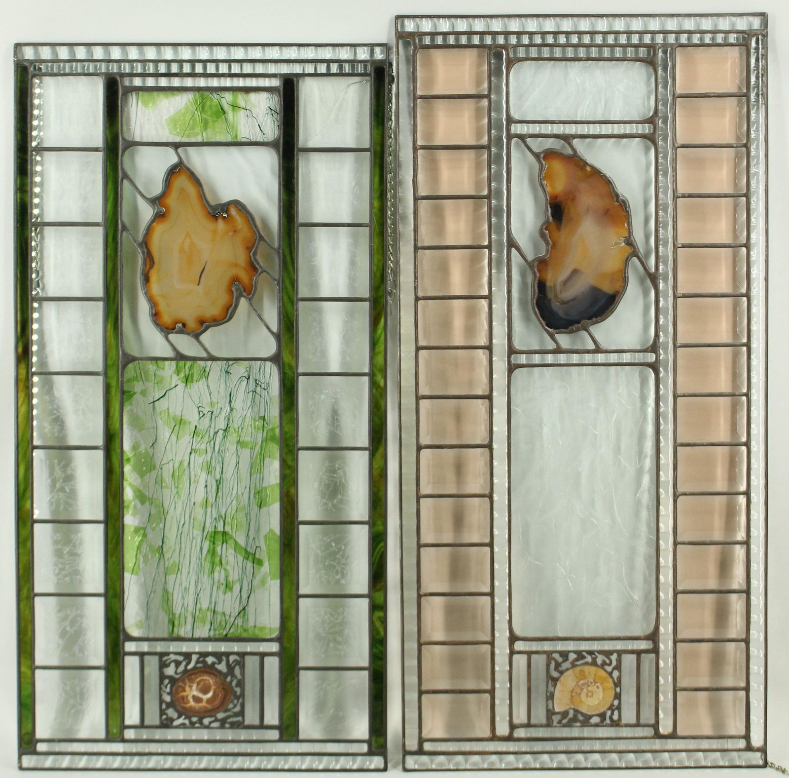 2 Studio Leaded Glass Panels of Fossils and Agate: 2 Studio Leaded Glass Panels of Fossils and Agate. Size: Largest: 31" H x 15" W