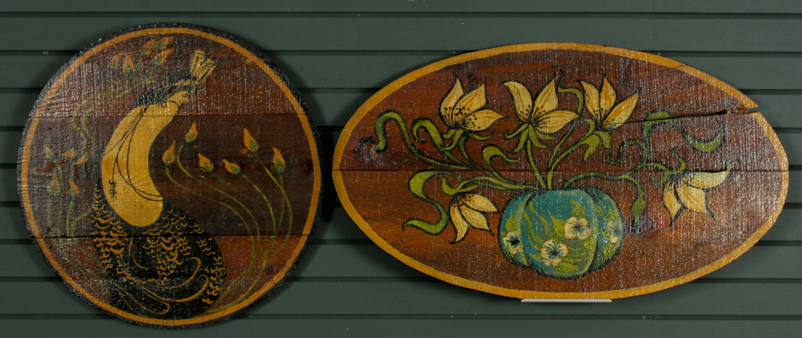 2 Folk Art Painted Boards: 2 Folk Art Painted Boards. Size: Largest: 20" H x 35.5" W x 1" D