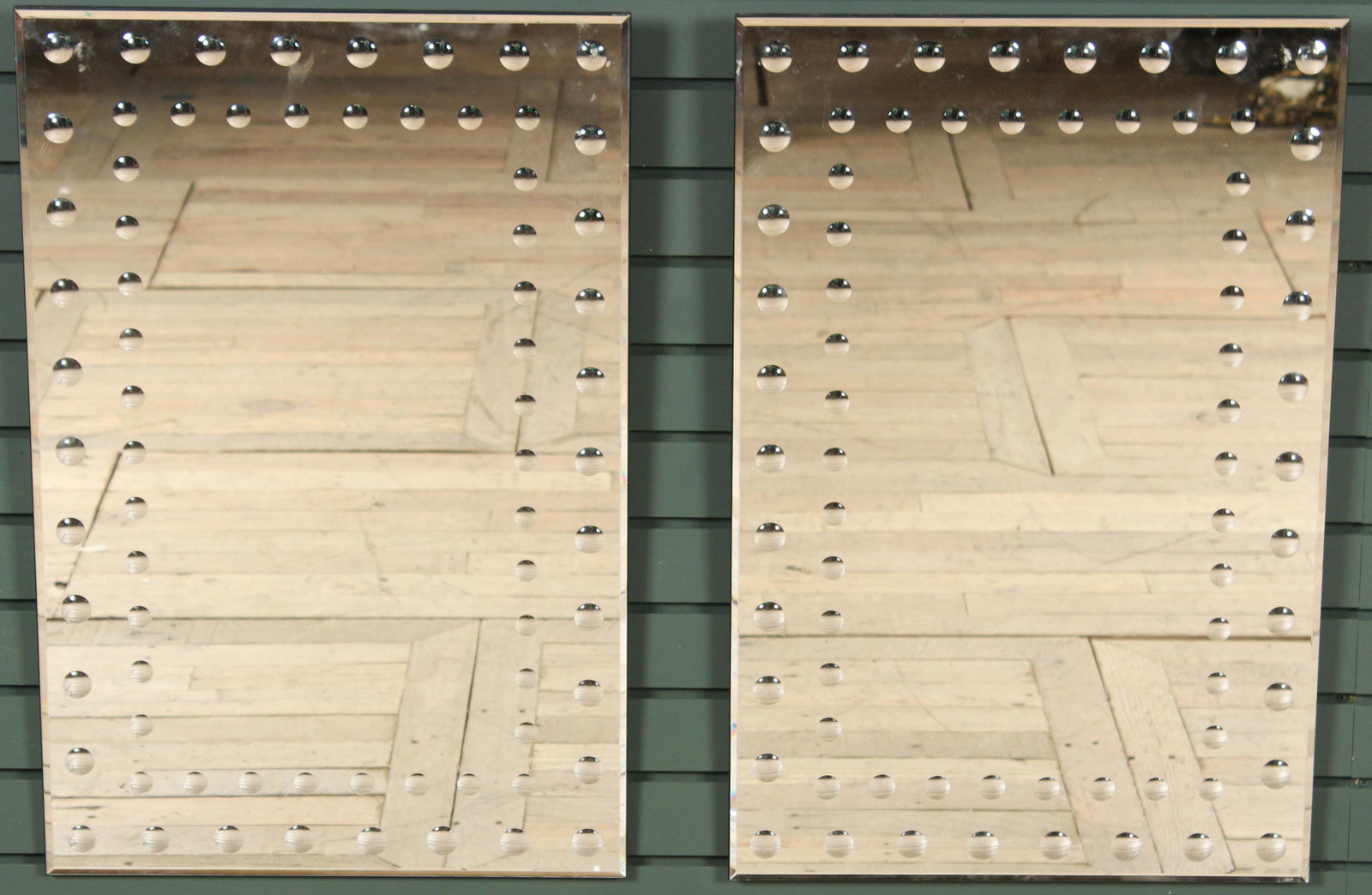 Pair Dimple Mirrors: A pair of mirrors having boarders of convex lenses. Mounted on wood boards. Size: 30" H x 20" W x 0.5" D