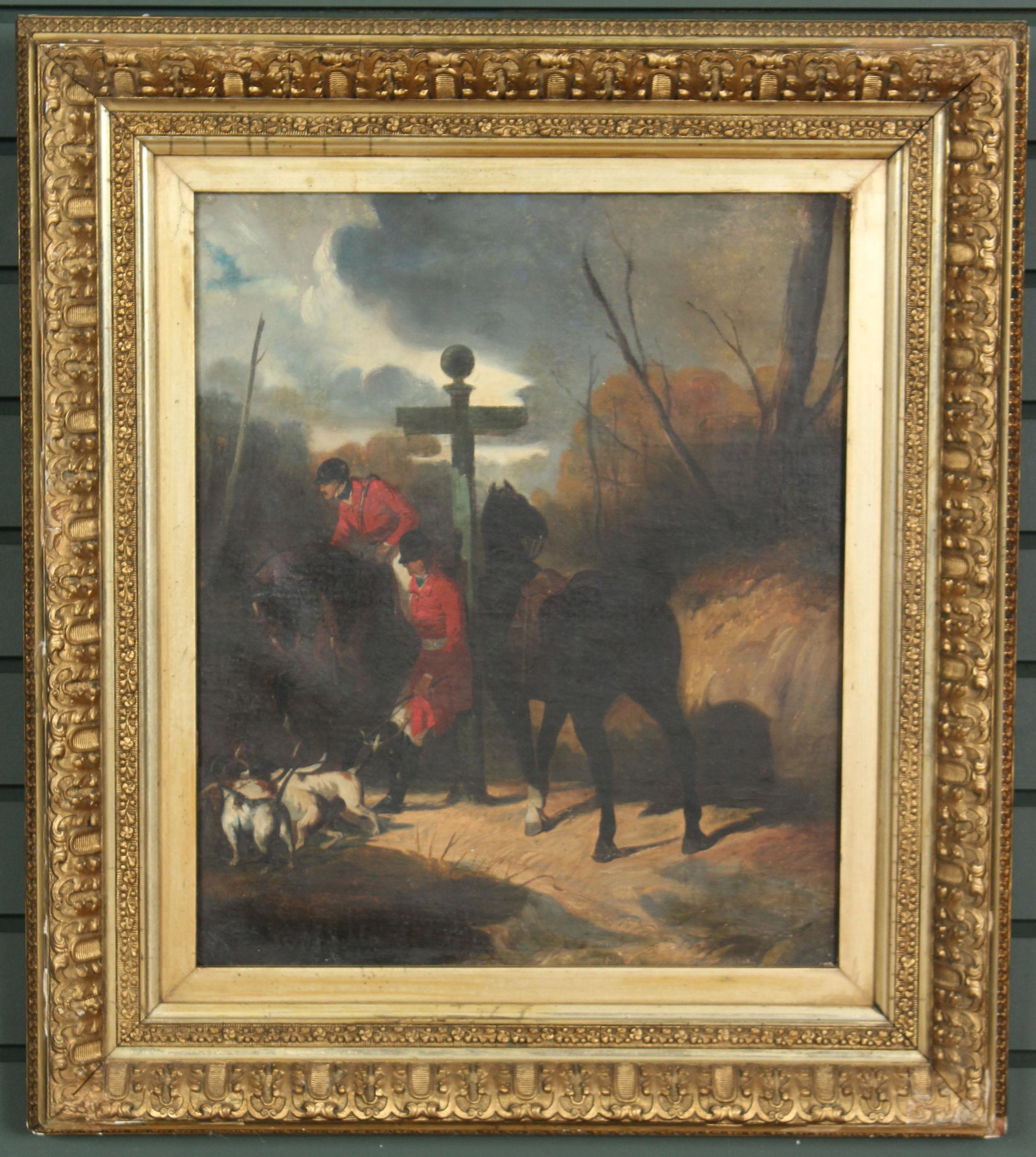 English Huntsmen at Rest Oil on Canvas Painting: English Huntsmen at Rest Oil on Canvas Painting. Artist unknown. Size: Framed: 25.5" H x 22.5" W x 2.5" D; Sight: 17.5" H x 14.5" W