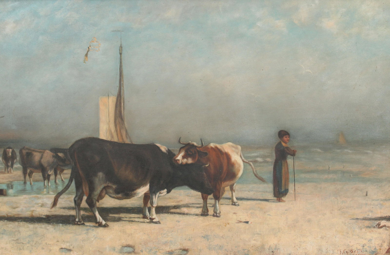 Cattle on the Sea after Burnier: Cattle on the Sea after Burnier. Reproduction painting. Size: Framed: 26" H x 36" W x 1.5" D; Sight: 19.5" H x 29.5" W