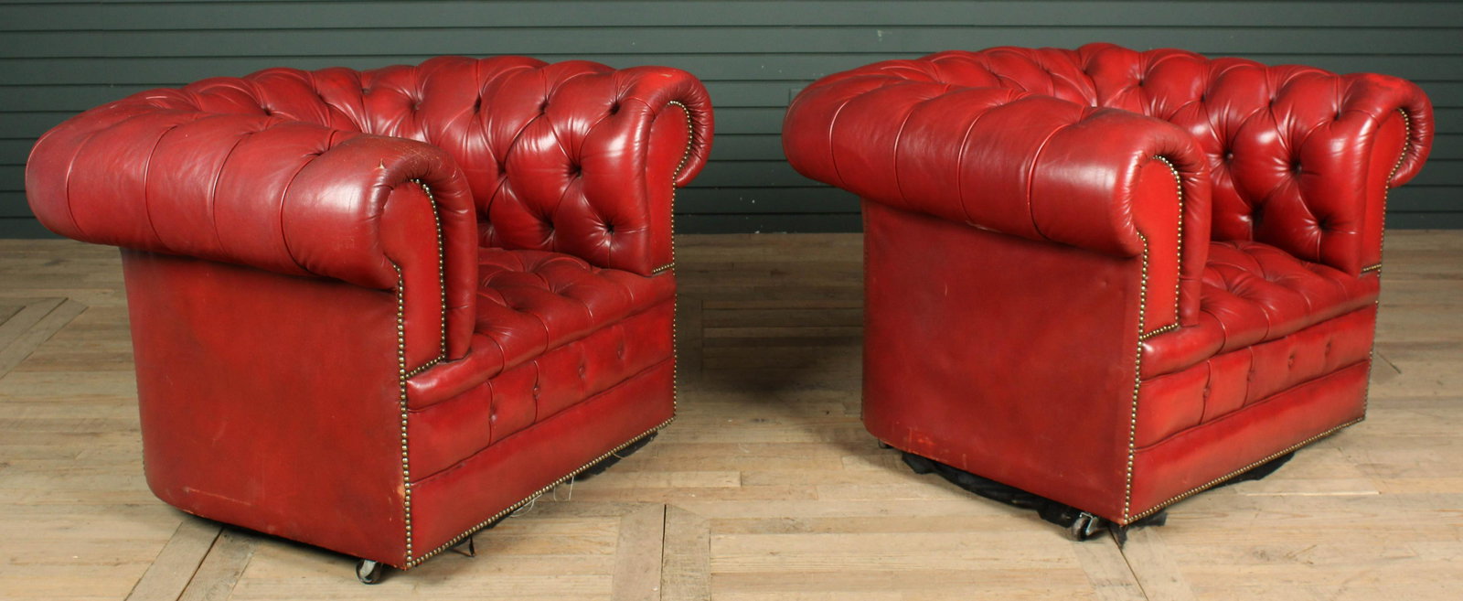 Pair Red Tufted Leather Club Chairs (1 of 6)