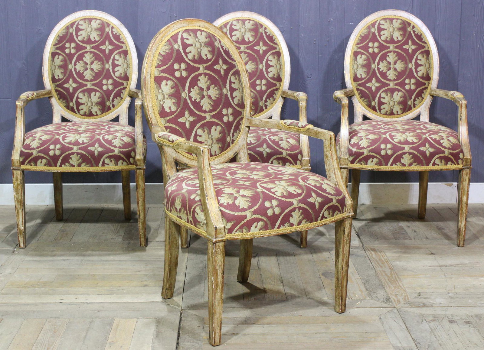 4 French Taste Upholstered Dining Chairs: 4 French Taste Upholstered Dining Chairs. Size: 39.5" H x 23" W x 27" D
