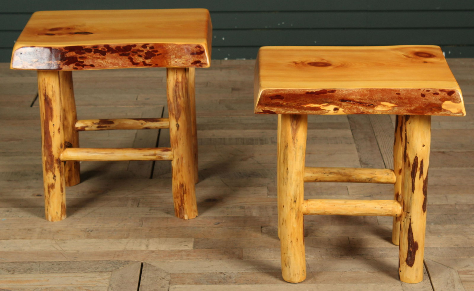 Pair Yankee Hollow Timber Side Tables: Pair Yankee Hollow Timber Side Tables. Size: 21.5" H x 22" W x 17.5" D