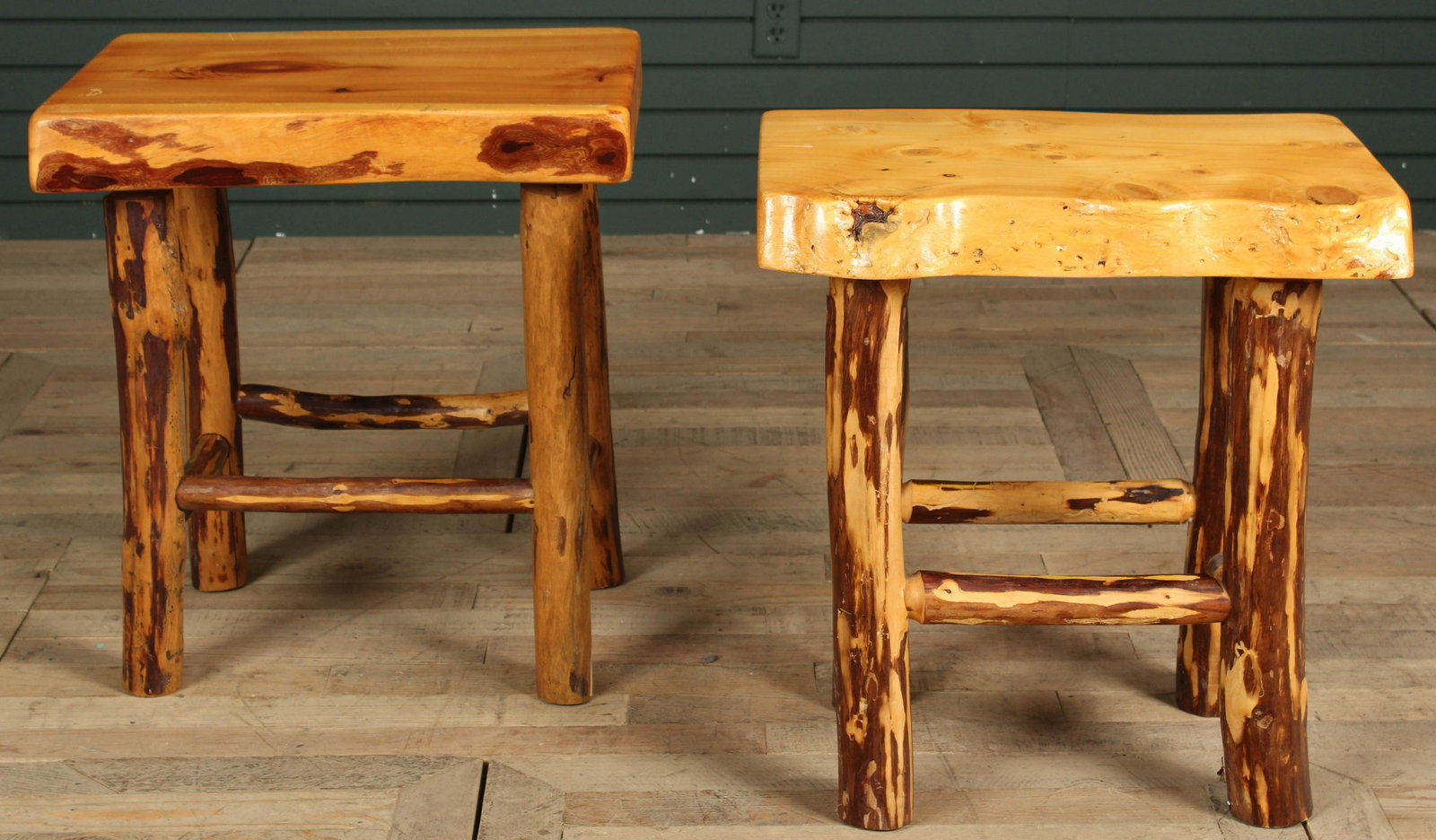 Pair Yankee Hollow Timber Side Tables: Pair Yankee Hollow Timber Side Tables. Size: 24.5" H x 22.5" W x 18" D