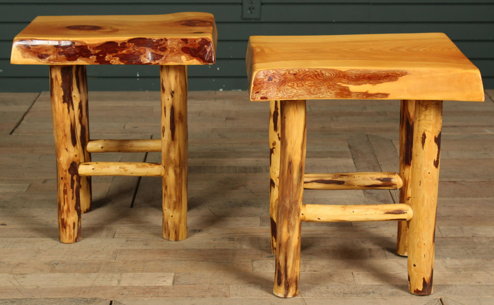 Pair Yankee Hollow Timber Side Tables: Pair Yankee Hollow Timber Side Tables. Size: 22" H x 20" W x 18" D