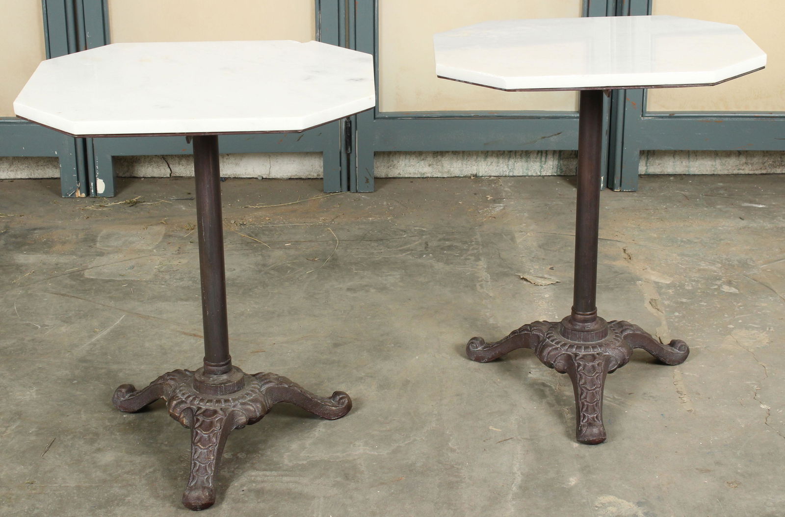 Pair Cast Iron Marble Top Pedestal Tables (1 of 8)