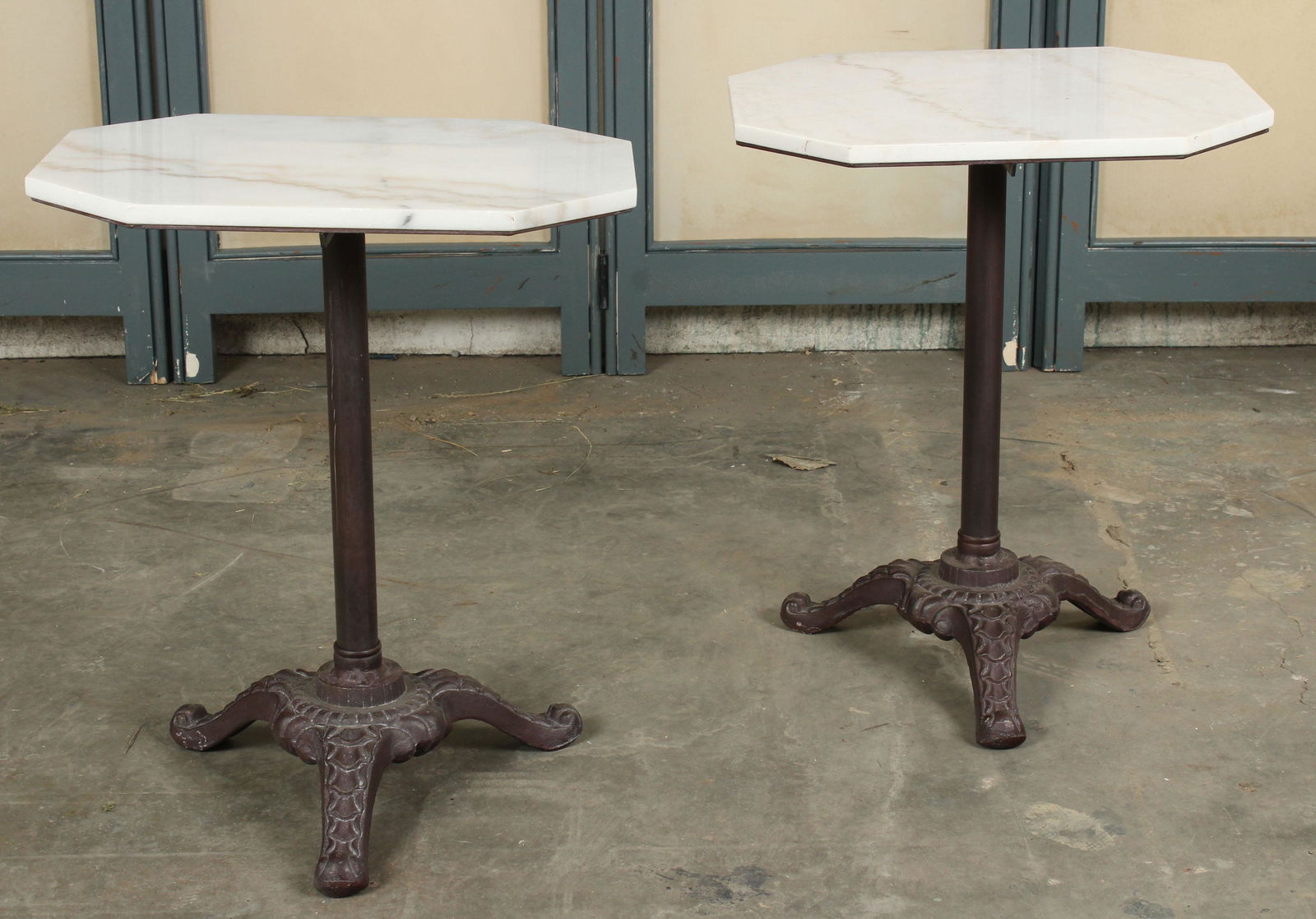 Pair Cast Iron Marble Top Pedestal Tables (1 of 8)