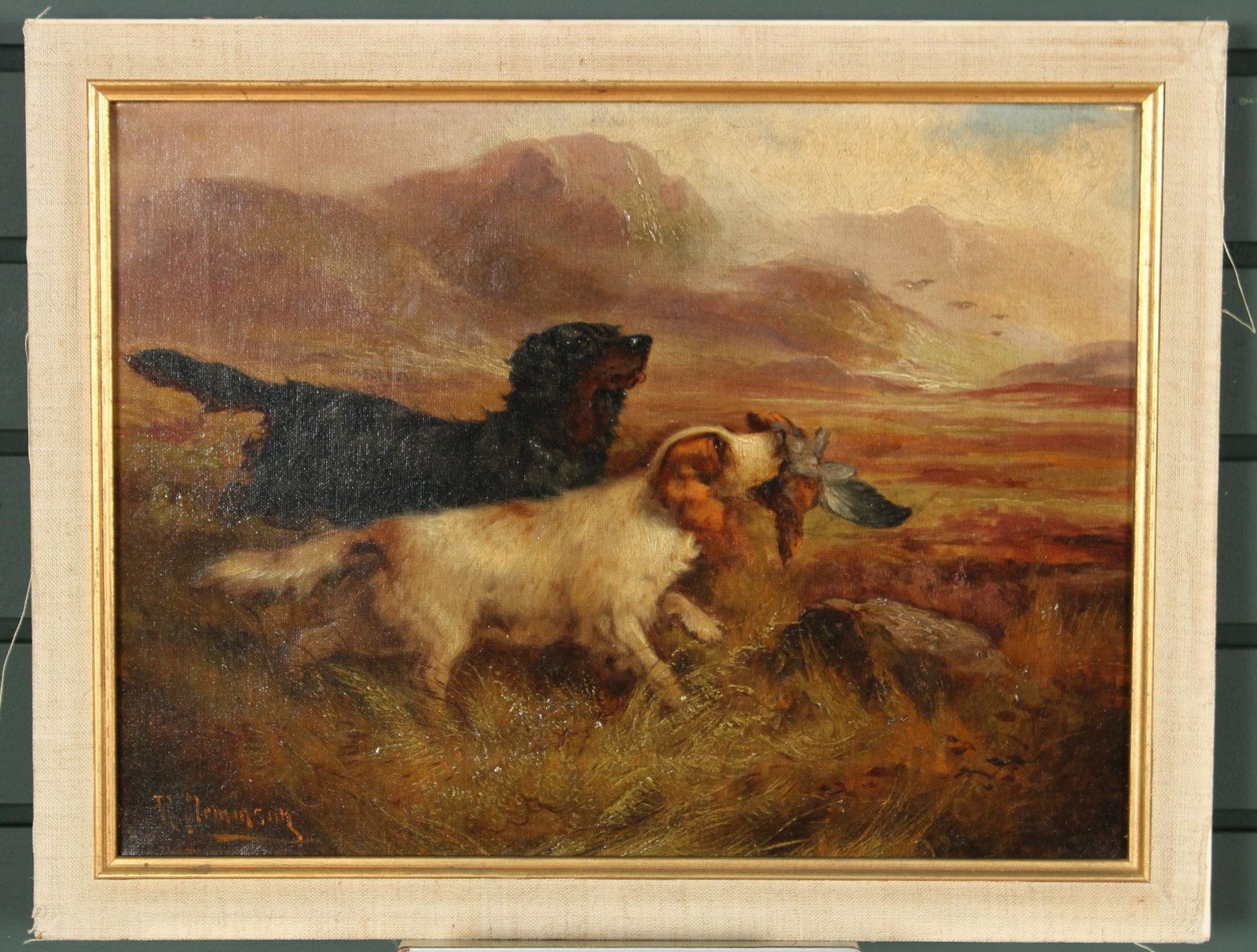 Antique Duck Hunt Retrievers Afield Painting: Antique Duck Hunt Retrievers Afield Painting. Signed illegibly. OOC Size: Framed: 14" H x 18" W x 1.5" D; Sight: 11.5" H x 15.5" W Provenance: Production of â€œDickinson”