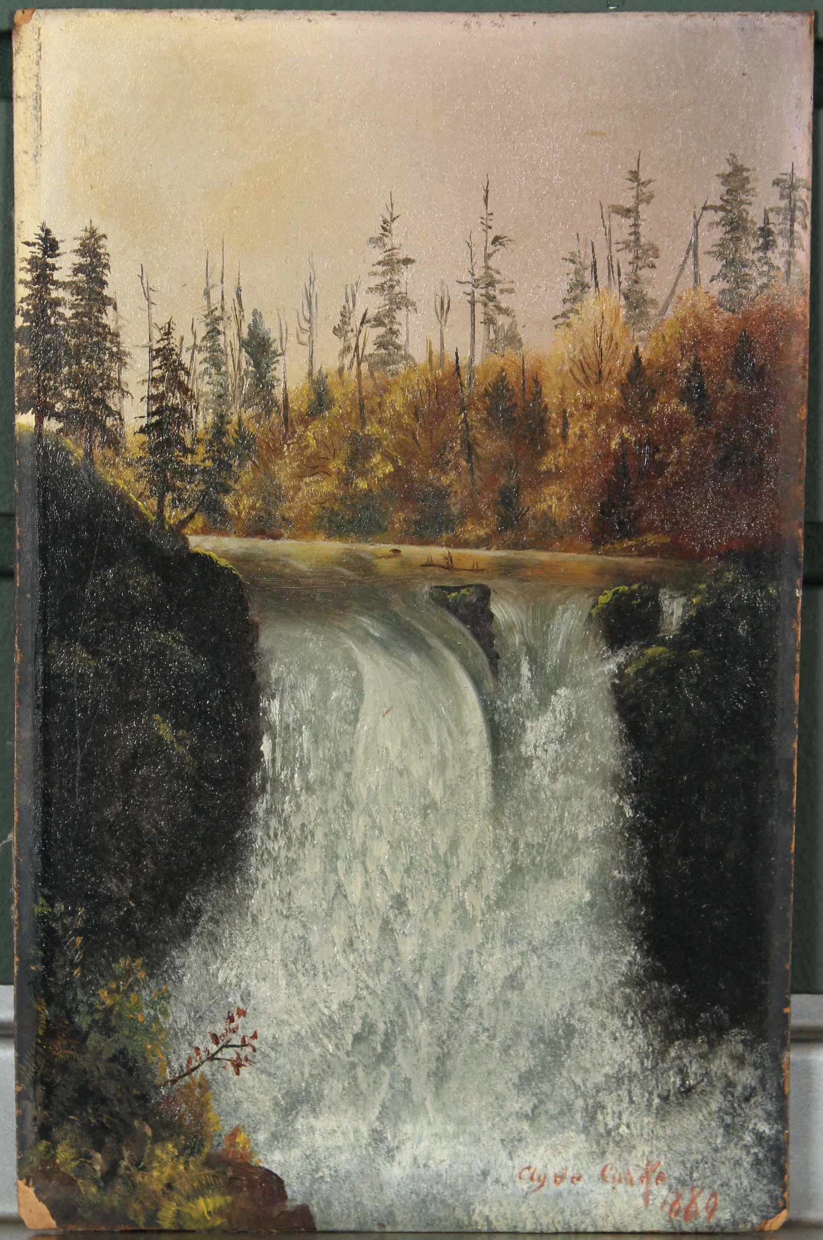 Clyde Cooke 1889 Western Territories Painting: Clyde Cooke 1889 Western Territories Painting. View from below at Snoqualmie Falls. OOB Size: 7.5" H x 5" W Provenance: Production of â€œDickinson”