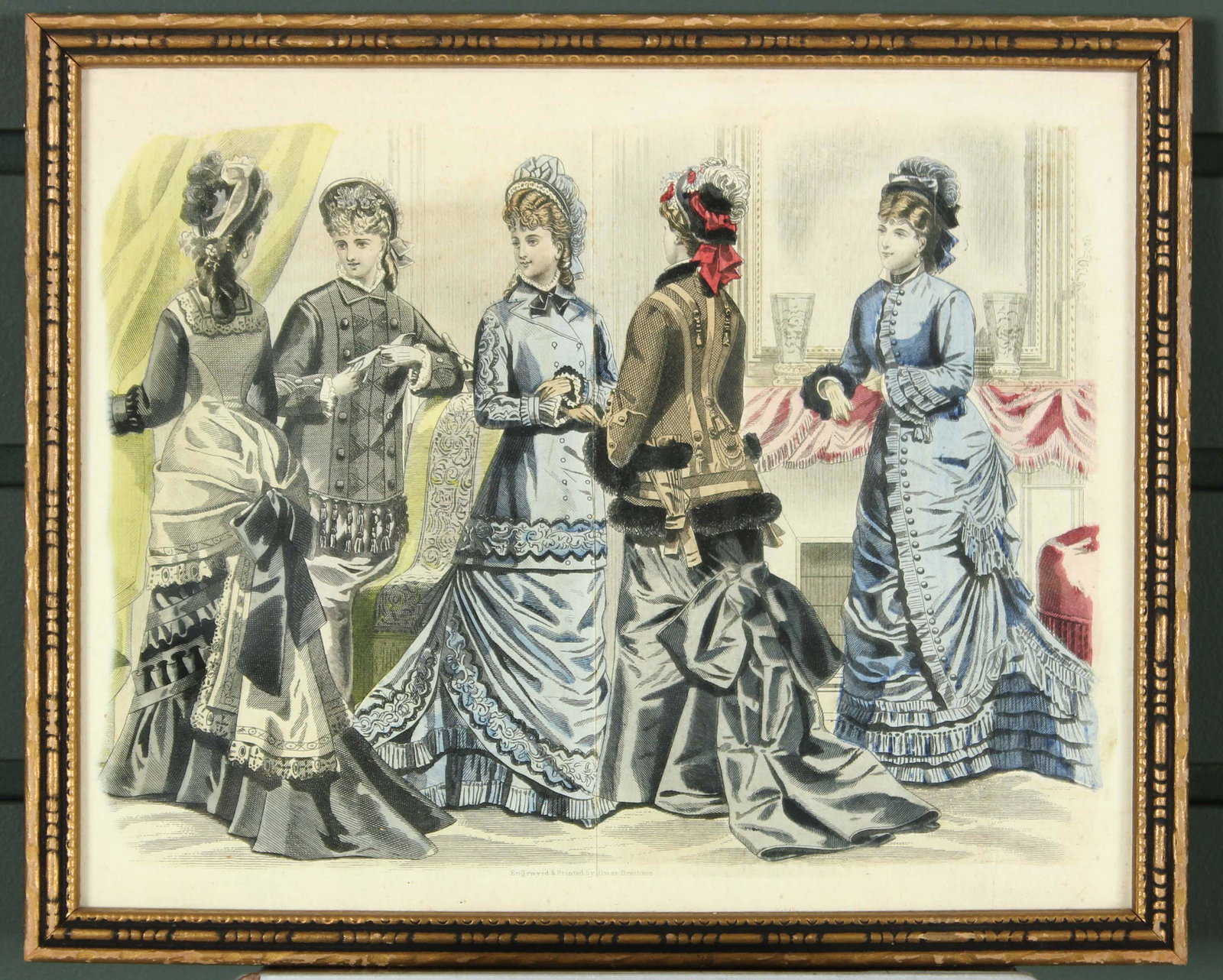 Illman Brothers Labeled Hand-colored Lithograph: Illman Brothers Labeled Hand-colored Lithograph. Dress shop decor. Size: Framed: 9" H x 11" W x 0.5" D; Sight: 8" H x 10" W Provenance: Production of â€œDickinson”